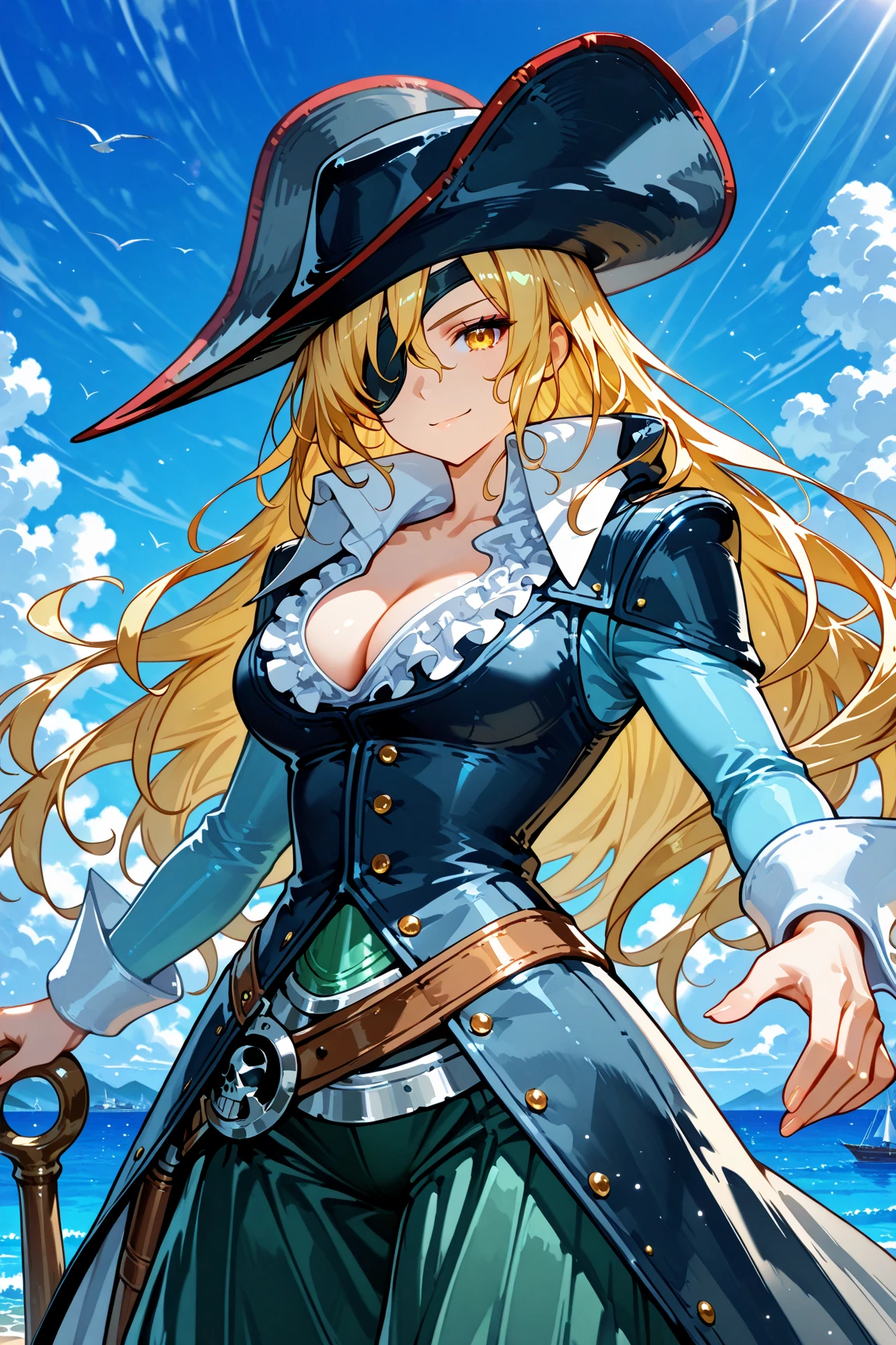 score_9, score_8_up, score_7_up,  source_anime,  BREAK,  ,  <lora:RubyMVC2:0.9>,  RubyMVC2, long hair, blonde hair, pirate hat, eyepatch, coat, cleavage, frilled shirt collar, wrist cuffs, puffy pants, large breasts, parted lips, from side, looking up, cowboy shot, hand on headwear, night, sea stars, 1 girl, solo,