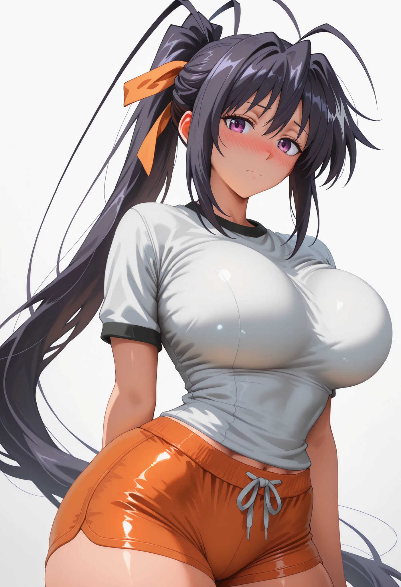 cowboy shot of ((large breast)), ((Thicc)), (()), (wide hips), 1girl, akeno himejima, long hair, black hair, ribbon, very long hair, purple eyes, hair ribbon, ponytail, antenna hair, looking at viewer, shiny skin, shiny hair, shiny body, clear body, nose blush,, POSING,, DYNAMIC POSE,,, NICE LEGS, COWBOY SHOT, ,,, covered breasts, , , thick thighs , soft glossy skin , detailed shading , soft light , realistic anime style , ultra-detailed , 8k , masterpiece , highly detailed ,, , VIEW FROM FRONT , , ,, hourglass figure , large bust and wide hips ,, , OPAQUE CLOTHES , covered breasts , ,,white background, empty background, ,,. ,,, DYNAMIC POSE, ,,, orange boyshorts, orange boxer briefs