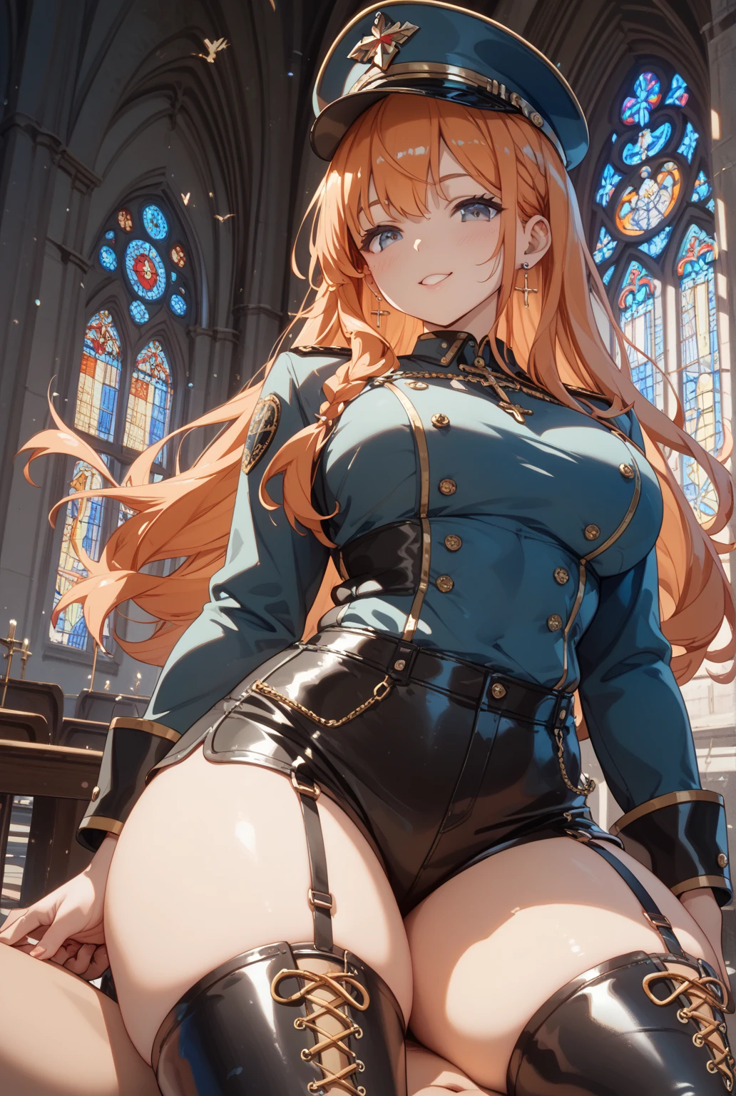 debris flies, highest quality, Highly detailed CG Unity 8K wallpapers, ???? witch、((long dark blonde wavy hair))、off shoulder knit, magician hat, dark blue pleated skirt, stocking pedium ?????, saggy ???????, (Pose that emphasizes the ?????, blush, shy smile), ???? shoulders, ((????、??????、no panties))、spread your ?????????、nice magic book、church cathedral、(?????????? dripping from the ?????)、(((((Straddling a man、??????????)))))