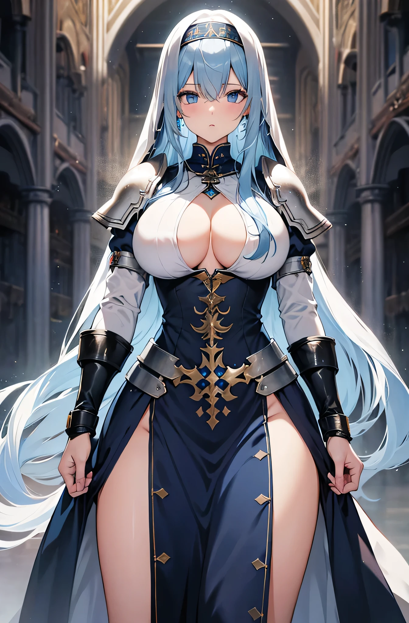 Ultra-detailed, beautiful, Master Parts, highest quality, beautifulディテールの丸い目, Beautifully detailed face, Medium Long Hair, Woman in silver and blue dress, Chengwei Pan em ArtStation, by ヤン・J, Detailed fantasy art, Amazing character art, Fan Art Best Art Station, Magnificent and elaborate character art, beautiful鎧, Highly detailed art gallery, detalhes completos Armor, Detailed digital anime art, ArtStation Pixiv の Artgerm,  Armor, (????????????, (????????????:1.1), Thick ?????, Coarse belt), (Wide ????:1.4, Toned thighs, Curvy Body), young woman,