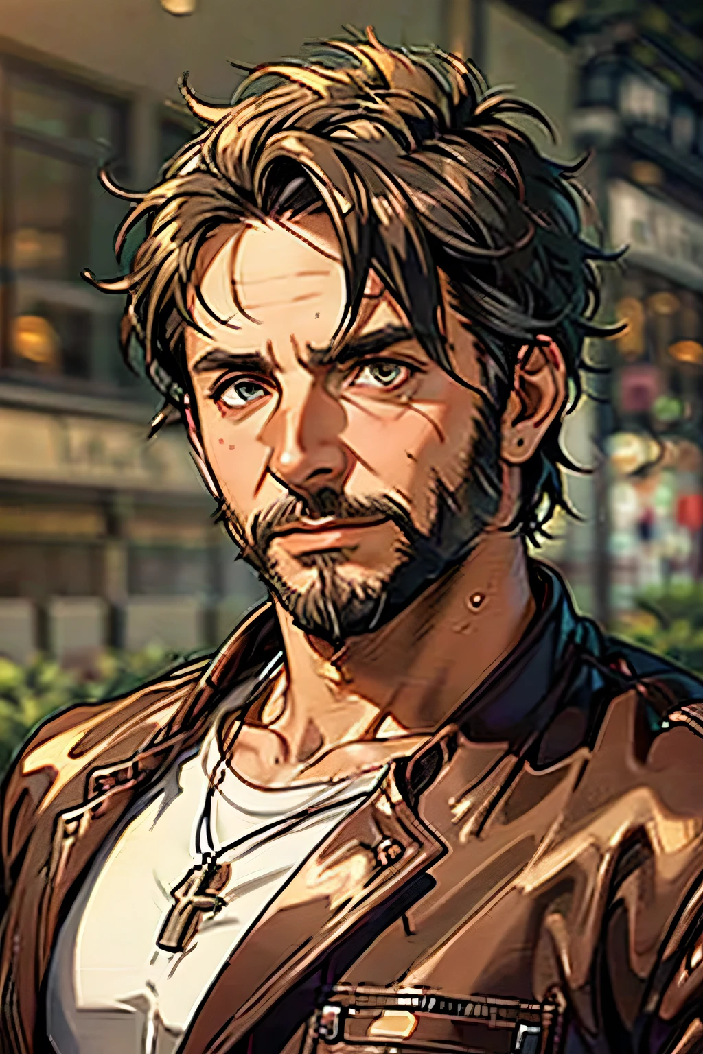 anime style, upper body portrait, mature 50s male rock guitarist with neatly groomed white beard and mixed graying hair, wearing a distinctive red copper leather jacket, calm and wise expression, detailed and textured clothing, photorealistic anime lighting, masterpiece, 8k, high quality, depth of field, atmosphere of experienced artist and mentor