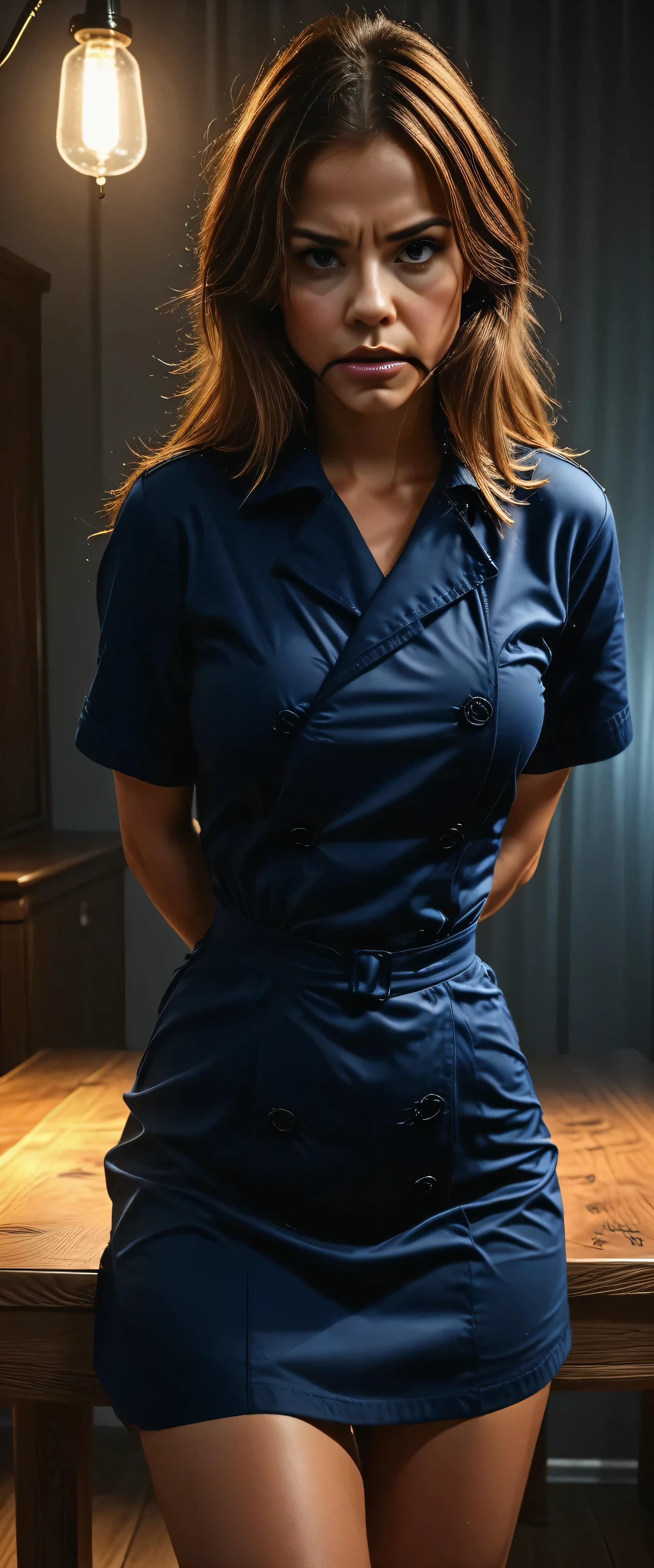 huge_breasted:1.7 18yo girl in slutty_school_girl_oufit:1.5, serious expression, standing before a stern disciplinary committee, detailed facial features, imposing table in front, austere wood paneled room, dramatic lighting, photorealistic,4K,high resolution,ultra-detailed,masterpiece,physically-based rendering,vivid colors,dramatic lighting,rating_explicit:1.6