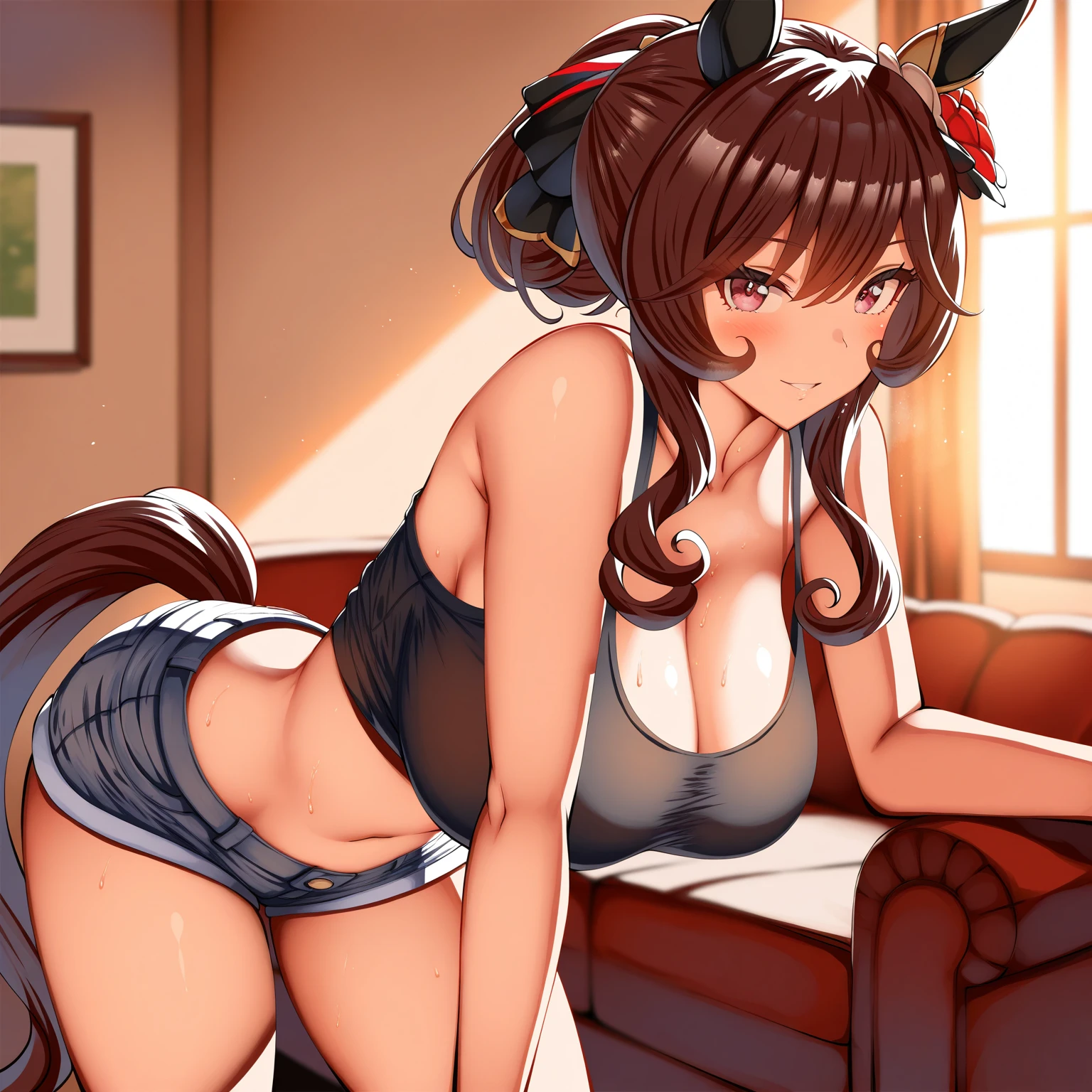 (best quality,Unparalleled masterpiece:1.4),Ultra-detailed CG 4K,brown hair，There are fox ears on the head，thong， Loose bikini，High heel，huge，rendering，huge，squat on the ground