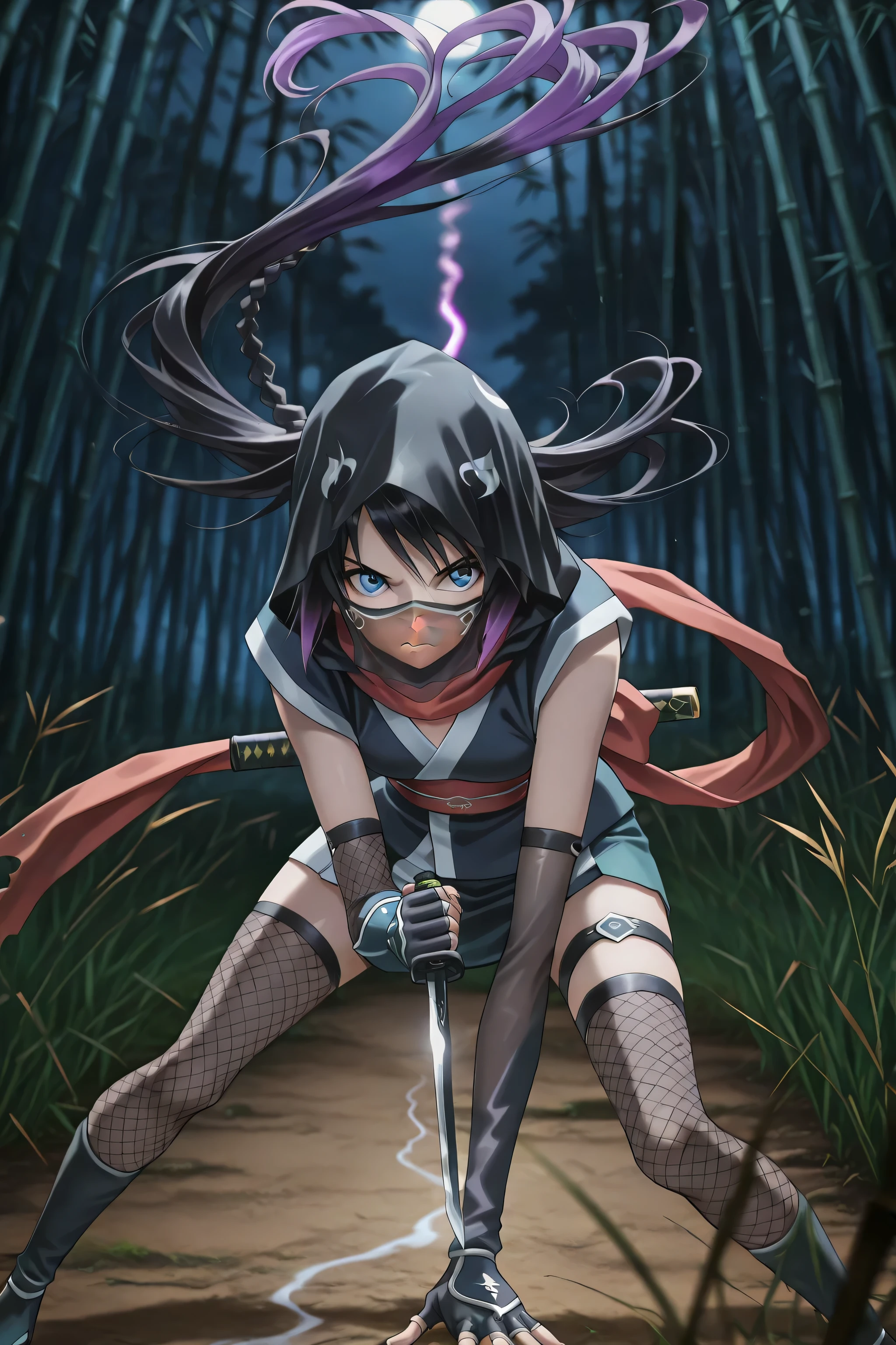 ((言語: 日本語、英語)、(Masterpiece), (Highest Quality), (High Score), (High Resolution),(4k),(one short sword,nijya sword), (girl hand grips the swords, in a fighting stance),Uncensored,),
(anime screencap,anime colored),
(戦闘、古代の日本、(夏)、(夜)、（夜空）、(屋外)、1girl,,solo,),
(masterpiece, best quality, very aesthetic),
(,(Bamboo forest, night, combat, moonlight), (Swordplay Stance),(Cut bamboo),(Grass on the ground),,,,(one short sword,nijya sword), (girl hand grips the swords, in a fighting stance),,(Anatomically accurate structure),),

(((The Sword's Trail, The Light's Trail),(Shining Blade),(anime colored),,BREAK,(anime screencap), (Hair flowing in the wind), (hairdetailer:1.5),(beautiful detailed face:1.4),[(depth of field, shallow depth of field, background gradually blurred, sharp focus on character),:1.4)][(Sidelight:1.4)],))

((mature woman,misao makimachi, long hair, blue eyes, black hair, braid, single braid,  [(gradient hair from black to purple:1.4)0.7],ninja,shorts,red sash, obi, bare shoulders,ninja mask,japanese clothes,kimono,short kimono,elbow gloves,fingerless gloves,skirt,sandals,socks,black legwear,toes,thigh strap,(Red scarf), (translucent face veil, black face veil,covered mouth),(hood,black hood),(Slender),(short stature),(Short torso),),(black (fishnet stocking),),((Serious face, seriously),(closed mouth),big eyes,)(standing :),(reaching),(bent one knee:0.8),(leaning forward:1.2),[sideways glance:],,BREAK,[cowboy shot:],[three-quarter view:1.5],),
(Properly gripping the sword), (Correct sword structure),
(),
（ハイスコア）、（最上級の画像生成）、
(The correct number of fingers, five fingers),
(Properly gripping the sword), (Correct sword structure),
