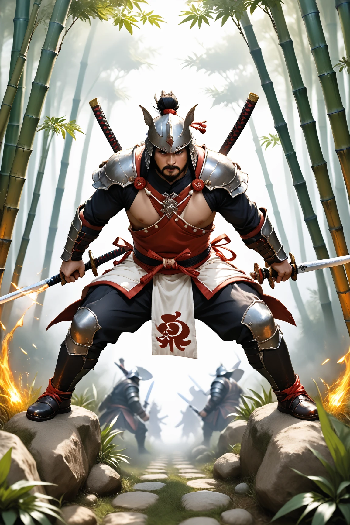 image of a Samurai, with black and red armor, holding a sword, a Japanese temple in the background, at night, fighting position