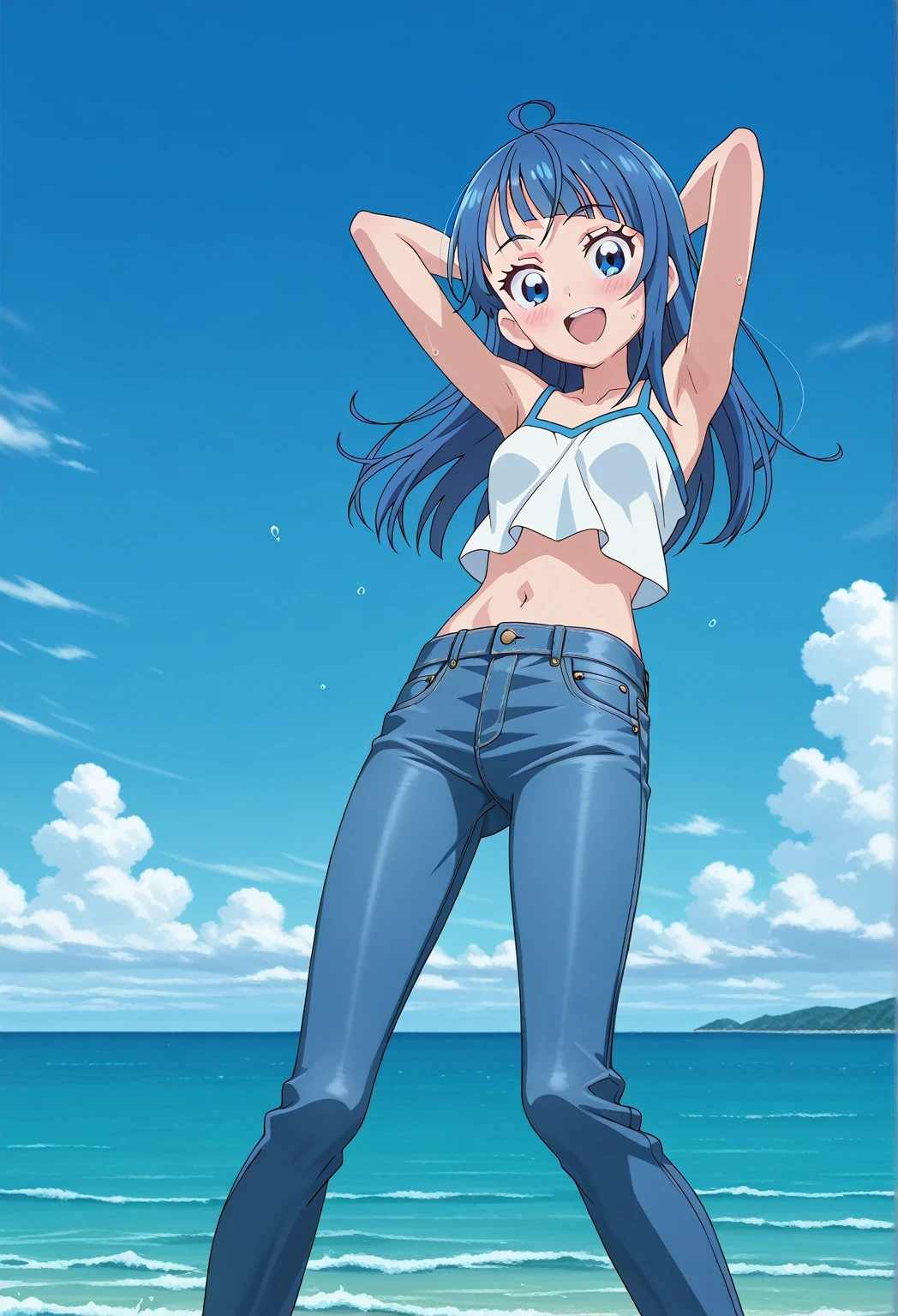 score_9, score_8_up, score_7_up, source_anime, highres, hi res, ((best quality, top quality, perfect quality, Highest Quality, amazing quality)), {{masterpiece}}, {{an extremely delicate and beautiful}}, 2d, intricate details, official style, anime, 8k, anime style, official_anime, official art, digital painting, cell shading, soft shading, high resolution, soothing tones, Subdued Color, Soft cinematic light, adobe lightroom, photolab, HDR, intricately and hyper-detailed, ((high quality animation)), 1 girl, Alone, solo, ((ocean)), tsunami, on the water, day, sunny, outdoors, sky, windy, sora harewataru, Hirogaru Sky! Precure, blue eyes, blue hair, ((long hair:1.4)), ahoge, anime screencap, small breasts, white camisole top, crop top, white crop top, best quality, hyper-detailed jeans, ((blue jeans:1.9)), (dark blue jeans:0.6), full medium body, medium shot, Open mouth, smiling, happy face, blush, sweat, standing, ((arms behind head:6.0)), ((hair separate from arms:3.5)), bowlegged, jumping pose, action, looking at viewer, spread legs, Bend knees slightly, straight-on front view