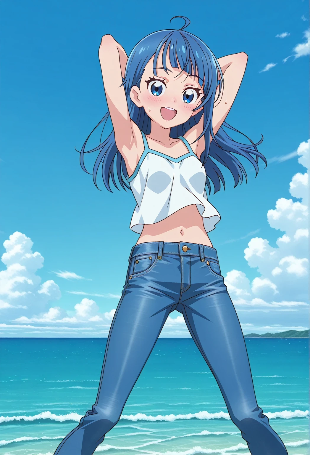 score_9, score_8_up, score_7_up, source_anime, highres, hi res, ((best quality, top quality, perfect quality, Highest Quality, amazing quality)), {{masterpiece}}, {{an extremely delicate and beautiful}}, 2d, intricate details, official style, anime, 8k, anime style, official_anime, official art, digital painting, cell shading, soft shading, high resolution, soothing tones, Subdued Color, Soft cinematic light, adobe lightroom, photolab, HDR, intricately and hyper-detailed, ((high quality animation)), 1 girl, Alone, solo, ((ocean)), tsunami, on the water, day, sunny, outdoors, sky, windy, sora harewataru, Hirogaru Sky! Precure, blue eyes, blue hair, ((long hair:1.4)), ahoge, anime screencap, small breasts, white camisole top, crop top, white crop top, best quality, hyper-detailed jeans, ((blue jeans:1.9)), (dark blue jeans:0.6), full medium body, medium shot, Open mouth, smiling, happy face, blush, sweat, standing, ((arms behind head:6.0)), ((hair separate from arms:3.5)), bowlegged, jumping pose, action, looking at viewer, spread legs, Bend knees slightly, straight-on front view