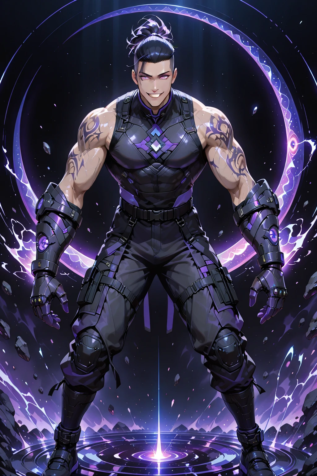 ((((Massive, beautiful, buff, muscular pale white skinned female ninja with violet purple hair, black lipstick, ginormous bulky muscles, holding a violet purple fire sword and wearing a purple cybernetic ninja armor with pants)))), (close view), black eyeliner, massive muscles, large breast, massive biceps, hyper muscle triceps, (long hair with long bangs), black eyes, mask, ninja boots, In a futuristic city, steel ninja armor, nighttime, closed smile, hyper muscles arms, hyper muscle legs, ginormous arms