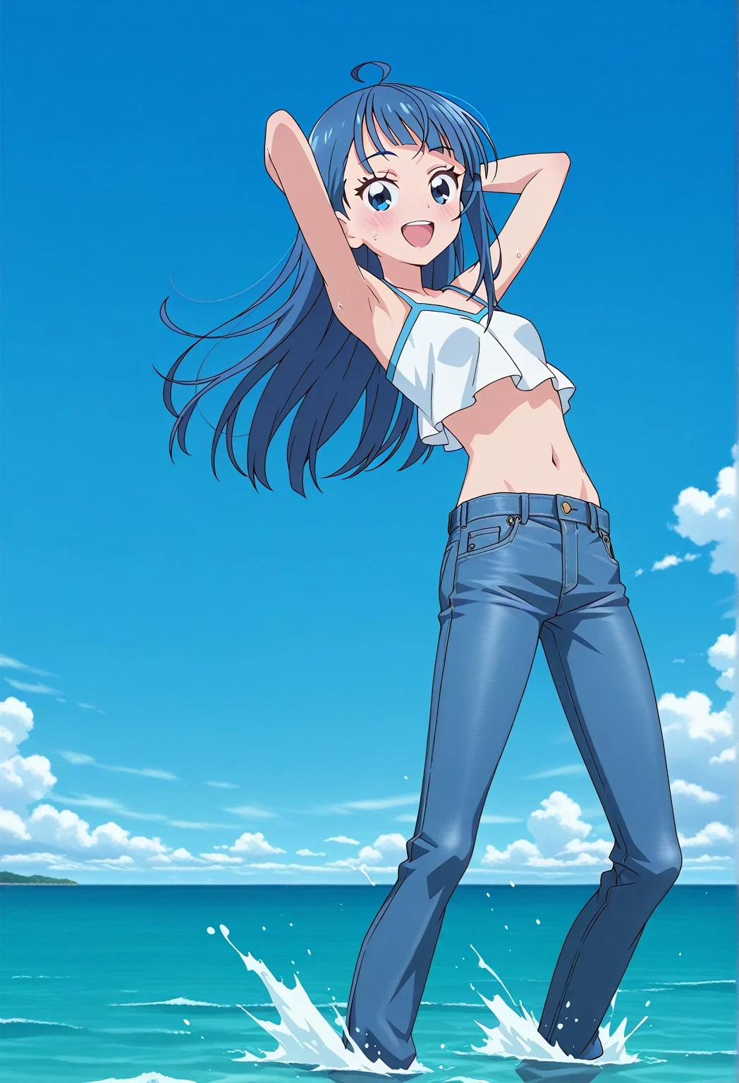 score_9, score_8_up, score_7_up, source_anime, highres, hi res, ((best quality, top quality, perfect quality, Highest Quality, amazing quality)), {{masterpiece}}, {{an extremely delicate and beautiful}}, 2d, intricate details, official style, anime, 8k, anime style, official_anime, official art, digital painting, cell shading, soft shading, high resolution, soothing tones, Subdued Color, Soft cinematic light, adobe lightroom, photolab, HDR, intricately and hyper-detailed, ((high quality animation)), 1 girl, Alone, solo, ((ocean)), tsunami, on the water, day, sunny, outdoors, sky, windy, sora harewataru, Hirogaru Sky! Precure, blue eyes, blue hair, ((long hair:1.4)), ahoge, anime screencap, small breasts, white camisole top, crop top, white crop top, best quality, hyper-detailed jeans, ((blue jeans:1.9)), (dark blue jeans:0.6), full medium body, medium shot, Open mouth, smiling, happy face, blush, sweat, standing, ((arms behind head:6.0)), ((hair separate from arms:3.5)), bowlegged, sliding pose, action, looking at viewer, spread legs, Bend knees slightly, straight-on front view
