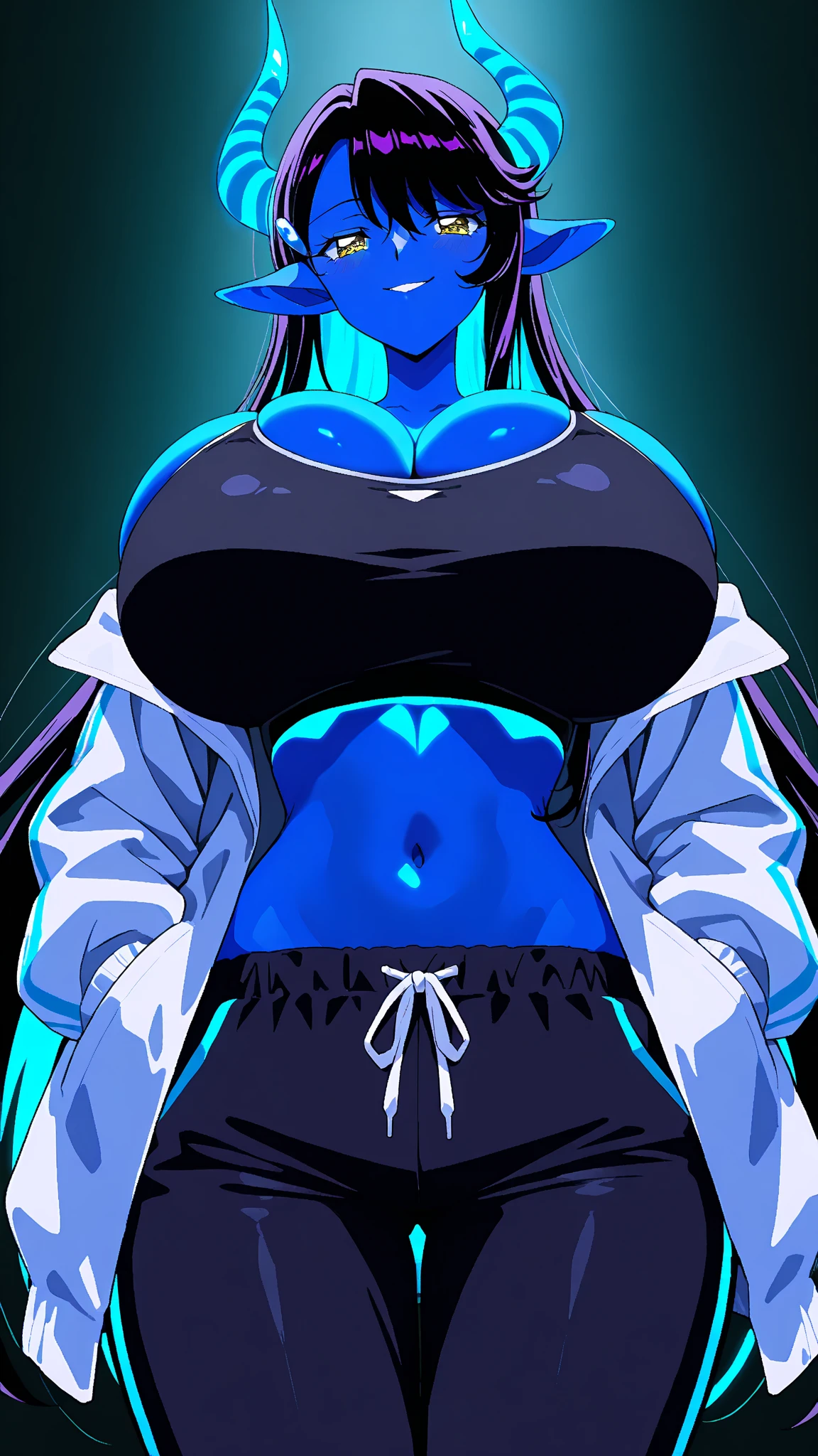 Create a woman she has long straight white hair, 5 white Kitsune tails, has blue eyes, and an extremely serious face, has a well-muscled body with voluminous thighs and medium breasts, make her shirtless showing her breasts with several blue energy tattoos on her body, Your pants are dark, and your muscles are showing, she has a serious look and white fox ears, dark pants 