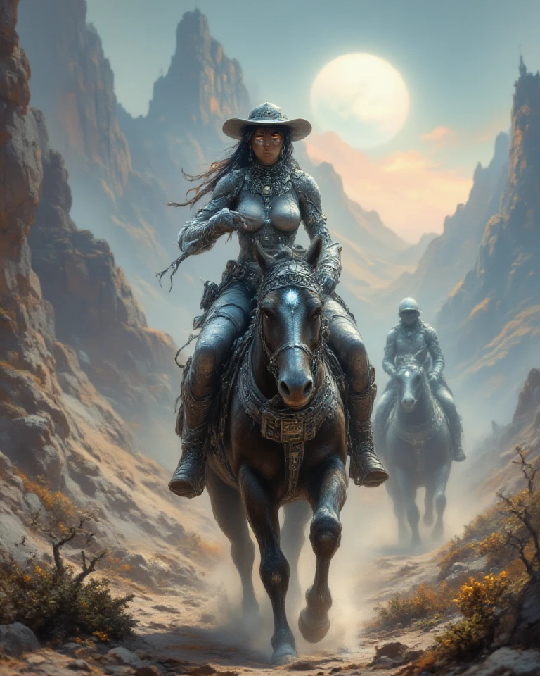  warrior woman riding a horse carrying a wooden pole in one hand, moon night, large landscape (art inspired by Bill Sienkiewicz, intricate details, oil painting)
