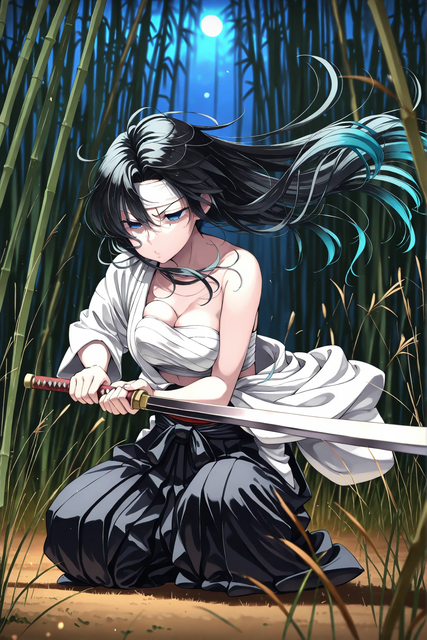 ((言語: 日本語、英語)、(Masterpiece), (Highest Quality), (High Score), (High Resolution),(4k),(one Long Sword,japanise long Sword),(she grabs a long Sword),(Swordplay pose),Uncensored,),

(古代の日本、(夏)、(夜)、（夜空）、(屋外)、1girl,,solo,),
(masterpiece, best quality, very aesthetic),
(,(Bamboo forest, night, combat, moonlight,brook ), (Swordplay Stance),(Cut bamboo),(Grass on the ground,Grassland),,,(one Long Sword,japanise long Sword),(she grabs a long Sword),(Swordplay pose),,,BREAK,(Anatomically accurate structure),),

((wind,,BREAK,(an extremely cute and beautiful girl), (Hair flowing in the wind), (hairdetailer:1.5),(Thin outline:1.1),(detailed face:1.4),(deep detailed eyes:1.4),[(depth of field, shallow depth of field, background gradually blurred, sharp focus on character),:1.4)](unaligned breasts:1.2),))

((mature woman,(kaoru kamiya, blue eyes, black hair,long hair,straight hair), [(gradient hair from black to dark blue:1.4)0.7],cleavage, japanese clothes, open clothes, kimono, bandages, hakama, sarashi, open kimono, chest sarashi, hadanugi dousa, bokken,(medium breasts),(Slender),(short height),),((Serious face, seriously),half-closed eyes,(pursed lips),),BREAK,(sitting ),(on one knee:1.1)(hand on hip:0.3),(bent one knee:0.8),(trampling:0.3),(head down:1),(twisted torso:1.2),(Headband, cloth headband).[sideways glance:],,BREAK,[cowboy shot:],[from below and to the front:1.5],[dutch angle],),
(正確な体の構造）、
(),
（ハイスコア）、（最上級の画像生成）、
(The correct number of fingers, five fingers),
