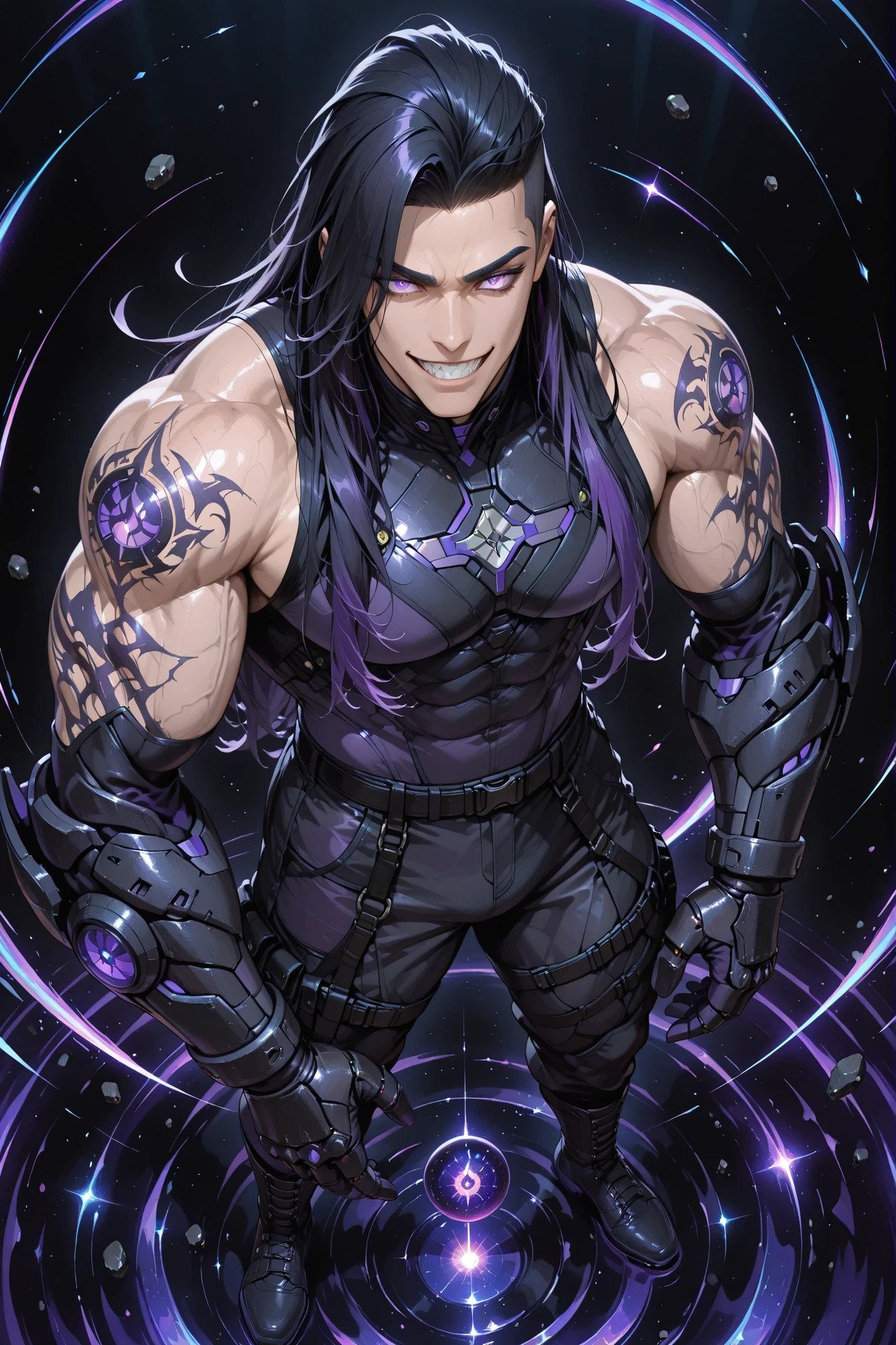 anime man,gauntlets,Full body shot from above, showing a tall, handsome, mature, extremely muscular and fierce man with asian skin and sharp grin. messy sidecut long hairstyle black hair with purple violet streaks, and his glowing deep purple eyes. He wears a sleeveless black combat top with purple violet accents and tight-fitting black combat pants with purple violet accents. His massive reinforced black gauntlets and tall reinforced boots hum with gravitational energy lines. Dark purple tattoos cover all over of his body, glowing faintly with shifting gravitational waves. His pose is a standing stance, both hands clenched. A dense swirl of black and violet mist surrounds his form, small debris subtly hovering near him. Simple black background, cinematic lighting, anime style, ultra-detailed, powerful and commanding gravity atmosphere.