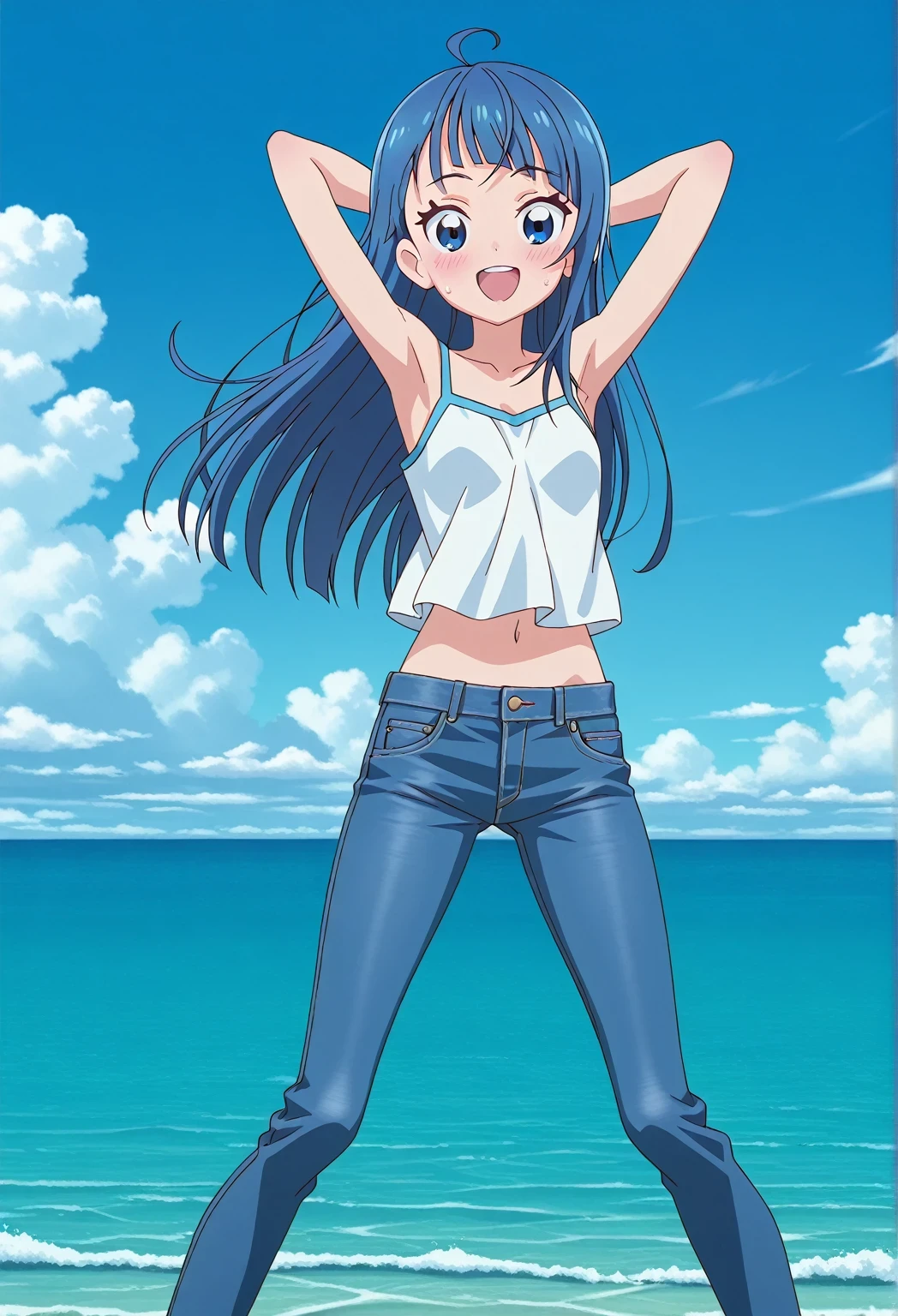 score_9, score_8_up, score_7_up, source_anime, highres, hi res, ((best quality, top quality, perfect quality, Highest Quality, amazing quality)), {{masterpiece}}, {{an extremely delicate and beautiful}}, 2d, intricate details, official style, anime, 8k, anime style, official_anime, official art, digital painting, cell shading, soft shading, high resolution, soothing tones, Subdued Color, Soft cinematic light, adobe lightroom, photolab, HDR, intricately and hyper-detailed, ((high quality animation)), 1 girl, Alone, solo, ((ocean)), tsunami, on the water, day, sunny, outdoors, sky, windy, sora harewataru, Hirogaru Sky! Precure, blue eyes, blue hair, ((long hair:1.4)), ahoge, anime screencap, small breasts, white camisole top, crop top, white crop top, best quality, hyper-detailed jeans, ((blue jeans:1.9)), (dark blue jeans:0.6), full medium body, medium shot, Open mouth, smiling, happy face, blush, sweat, standing, ((arms behind head:6.0)), ((hair separate from arms:3.5)), bowlegged, landing pose, action, looking at viewer, spread legs, Bend knees slightly, straight-on front view