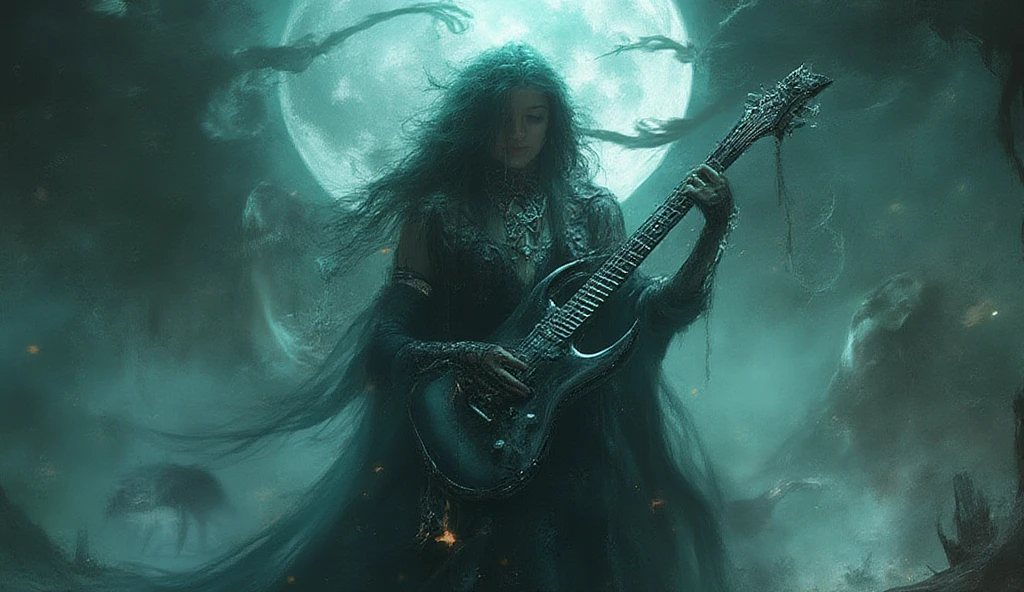 mystical woman, playing a heavy metal electric guitar, is surrounded by an atmosphere of gothic music and fantasy demons, creating a unique sound, that takes listeners to new heights.