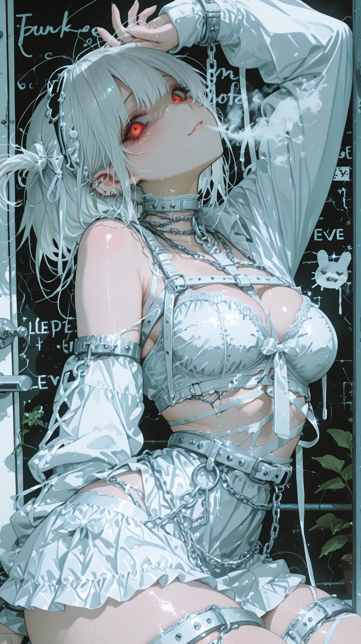 （((white chain wrapped around the body))、white chain accessories、white chain clothes、white chain skirt、white chain choker、white chain belt、white chain background、thick white chain swirling、Punk Steam、white braces stuck in a bra、yandere）