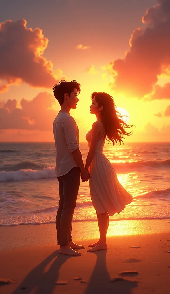 A beautiful romantic widescreen photo of a man and woman Couple holding hands in a dancing pose on the sea with their backs to the camera, praia scene, Paisagem ampla, sea horizon in sight, couple away from the camera, praia scene, fotorrealista, ((praia: 1.0)), ((Couple holding hands:1.0)), (( casal no mar:1.0 ))