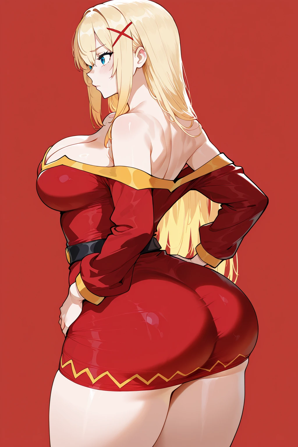 (perfect body),((table top, highest quality, High resolution, nffsw, perfect pixel))、Anime Screen Capture、((obesity))、blush、1 girl,(((bullish look、showing teeth、smile)))、((hands on hips、Are standing)),(((huge breasts)))、((((thick thighs、big ass、wide hips))))、((blonde hair))、(((Drill perm、long hair)))、(((Red sci-fi suit、open-chested clothes、leotard with ruffles、white knee socks、Western Armor of Gaul))、(((green eyes)))、roof of the building、Noble、((lady))、from below