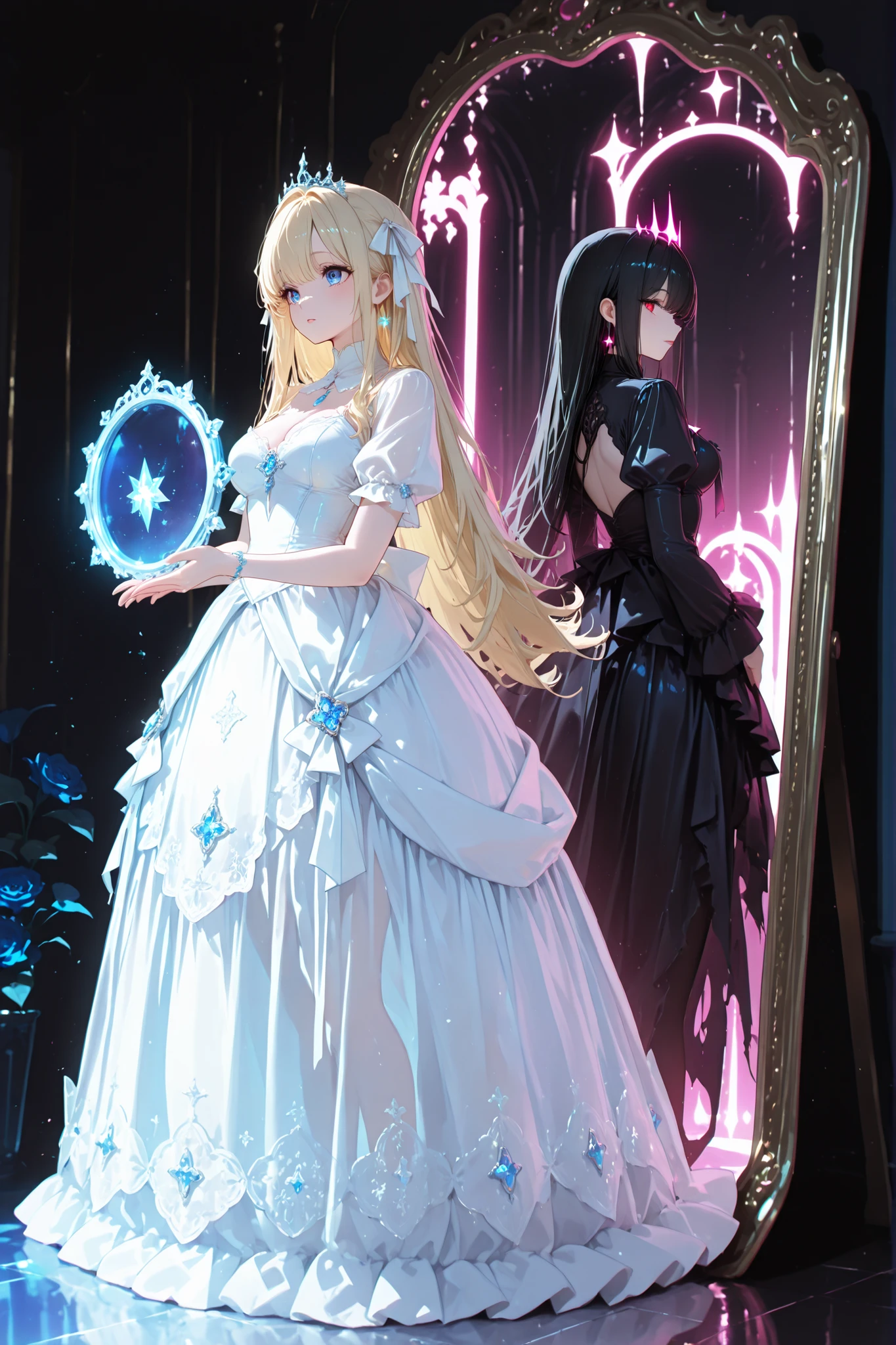 High Quality, masterpiece, Super High Resolution Like a Mountain, Blonde princess standing in front of a mirror, LONG HAIR, Blue Eyes, Elegant pure white dress, Delicate Lace Decorations, Crown Decorated with Jewels, Full, Large decorative Full-length mirror, The Black-Haired Princess Reflected in the Mirror, Long Black Hair,  bright red eyes ,  gothic black dress, Contrast Production, Mysterious Atmosphere, Soft Natural Light, slightly reddish purple neon light, Fantasy world, Magic Mirror, Nickel, Cinderella