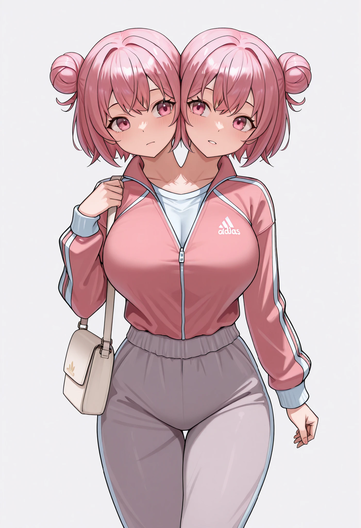 conjoined, 2girls, 2heads, two heads, a tall thin girls with 2 heads, pink hair, pink eyes, single bun hair, short hair, pink Adidas track jacket, gray wide-leg pants, 1 ivory shoulder bag, large breasts, front shots, thighs,