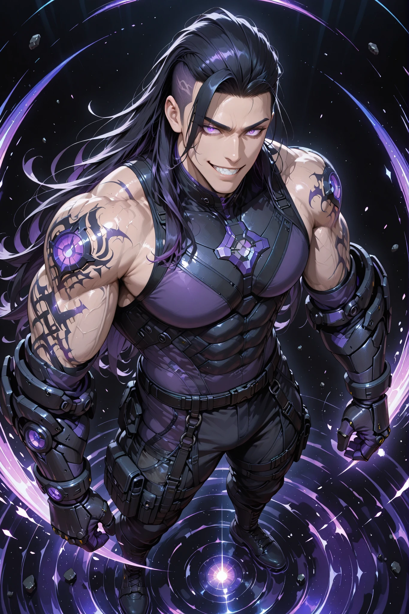 anime man,gauntlets,Full body shot from above, showing a tall, handsome, mature, extremely muscular and fierce man with asian skin and sharp grin. messy sidecut long hairstyle black hair with purple violet streaks, and his glowing deep purple eyes. He wears a sleeveless black combat top with purple violet accents and tight-fitting black combat pants with purple violet accents. His massive reinforced black gauntlets and tall reinforced boots hum with gravitational energy lines. Dark purple tattoos cover all over of his body, glowing faintly with shifting gravitational waves. His pose is a standing stance, both hands clenched. A dense swirl of black and violet mist surrounds his form, small debris subtly hovering near him. Simple black background, cinematic lighting, anime style, ultra-detailed, powerful and commanding gravity atmosphere.