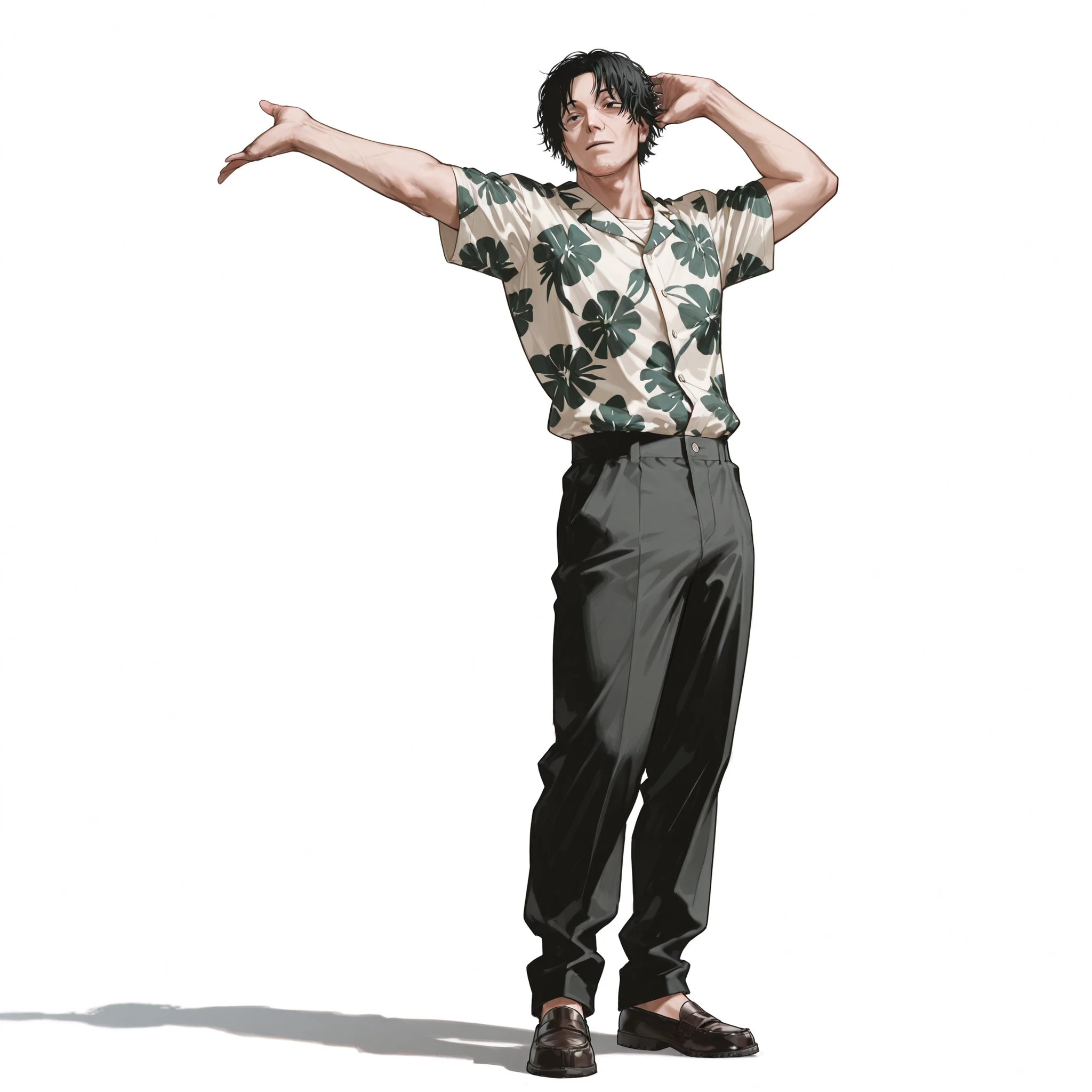 (male), (adult man), (tall body), (fit build), (short messy black hair), (black eyes), (solo), (single character), (full body version), (white background), (no background), (highly detailed), (shadow), (standing pose), (natural light), (detailed outfit), (detailed hand), (detailed face), (detailed hair)
Wearing a stylish casual Hawaiian suit with a floral patterned shirt, light blazer, relaxed trousers, and loafers. (Chainsaw man style art)
