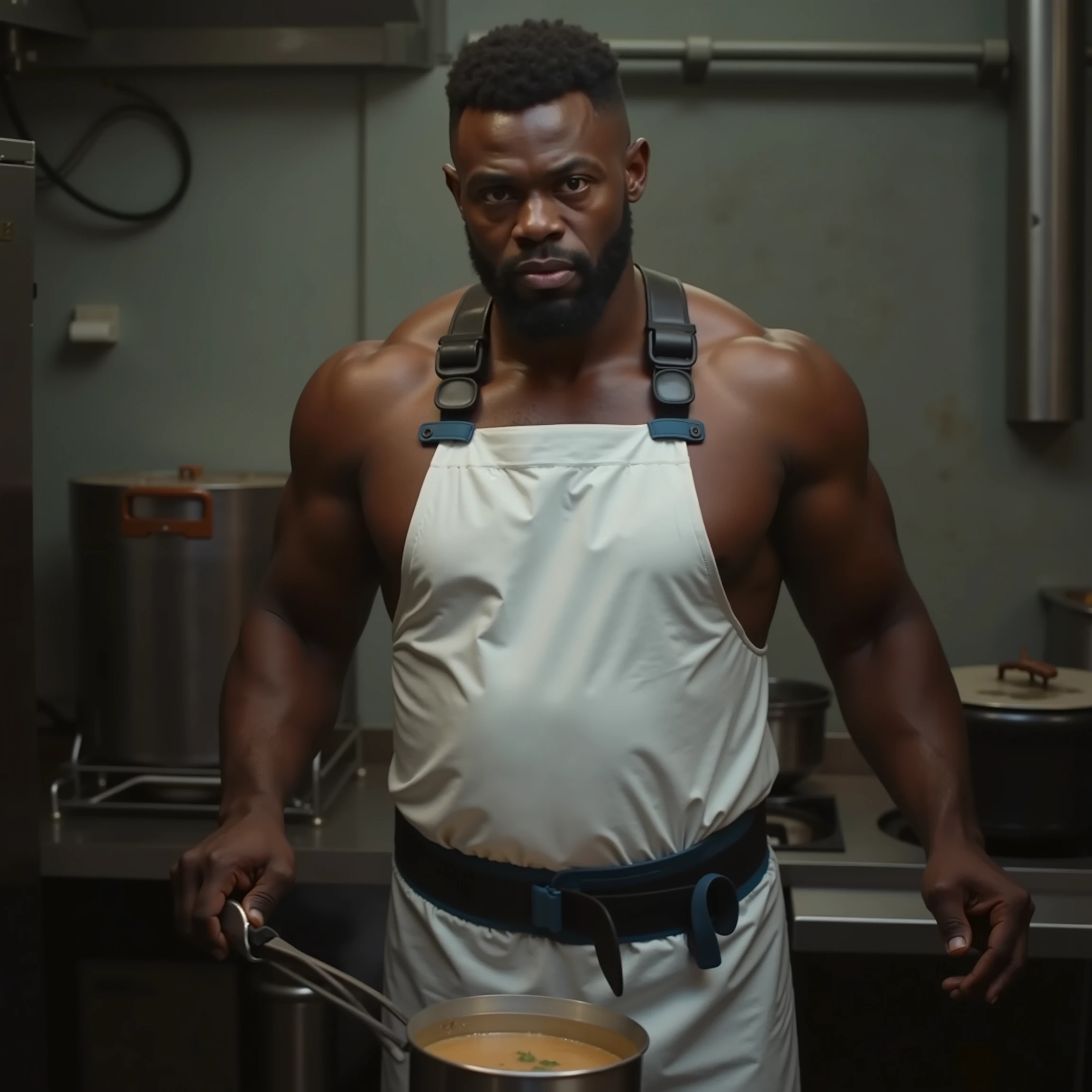 A 58 year old black muscular tall man weighing 179 pounds with massive arms and chest muscles with a medium belly fat, wearing a shining white polished lead apron with black straps and a blue belt that holds it tightly to his hips, his arms are wet, he holds a ladle in one hand over a pot of soup in a commercial kitchen steaming atmosphere and pot