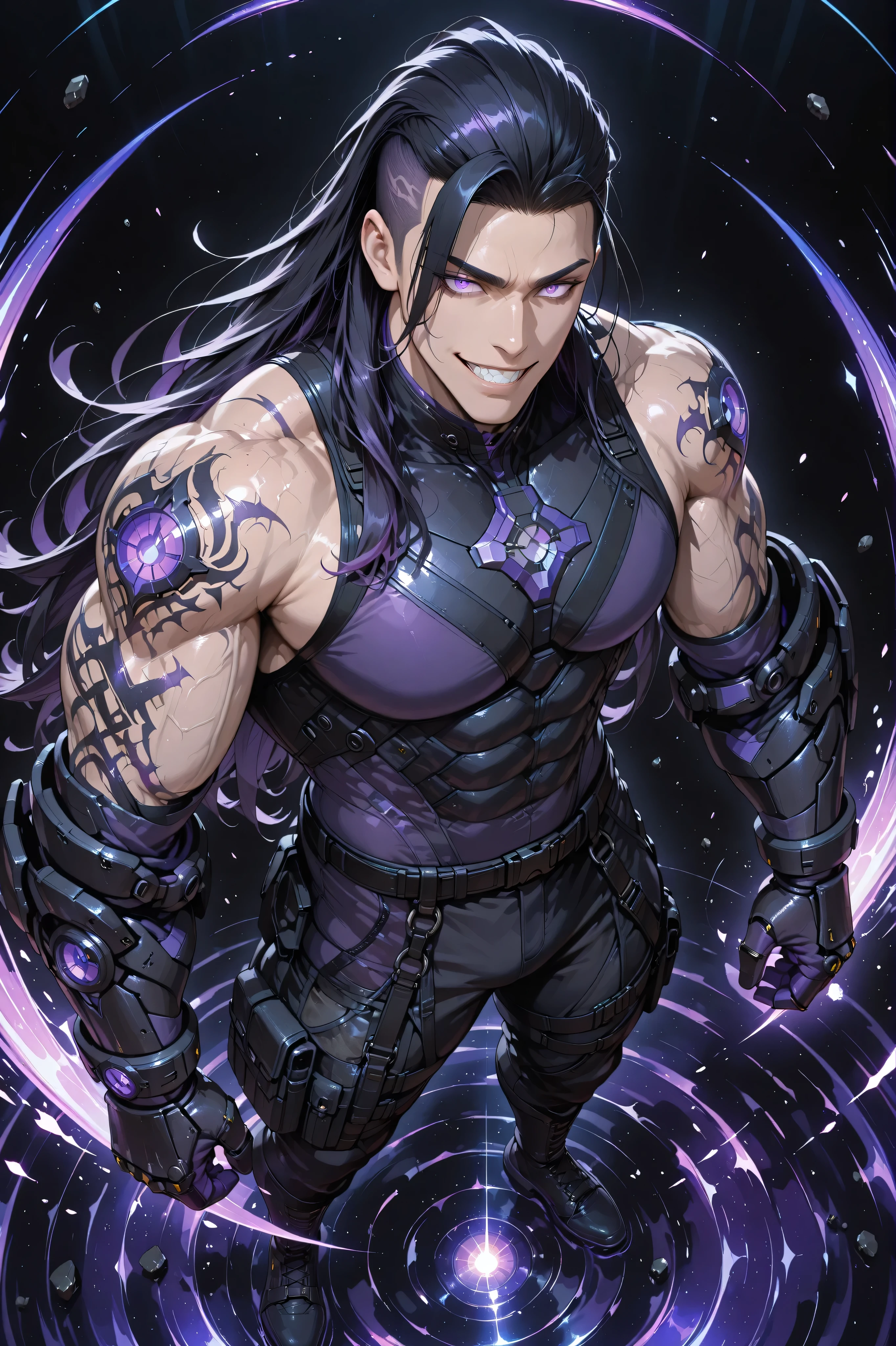 anime man,gauntlets,Full body shot from above, showing a tall, handsome, mature, extremely muscular and fierce man with asian skin and sharp grin. messy sidecut long hairstyle black hair with purple violet streaks, and his glowing deep purple eyes. He wears a sleeveless black combat top with purple violet accents and tight-fitting black combat pants with purple violet accents. His massive reinforced black gauntlets and tall reinforced boots hum with gravitational energy lines. Dark purple tattoos cover all over of his body, glowing faintly with shifting gravitational waves. His pose is a standing stance, both hands clenched. A dense swirl of black and violet mist surrounds his form, small debris subtly hovering near him. Simple black background, cinematic lighting, anime style, ultra-detailed, powerful and commanding gravity atmosphere.