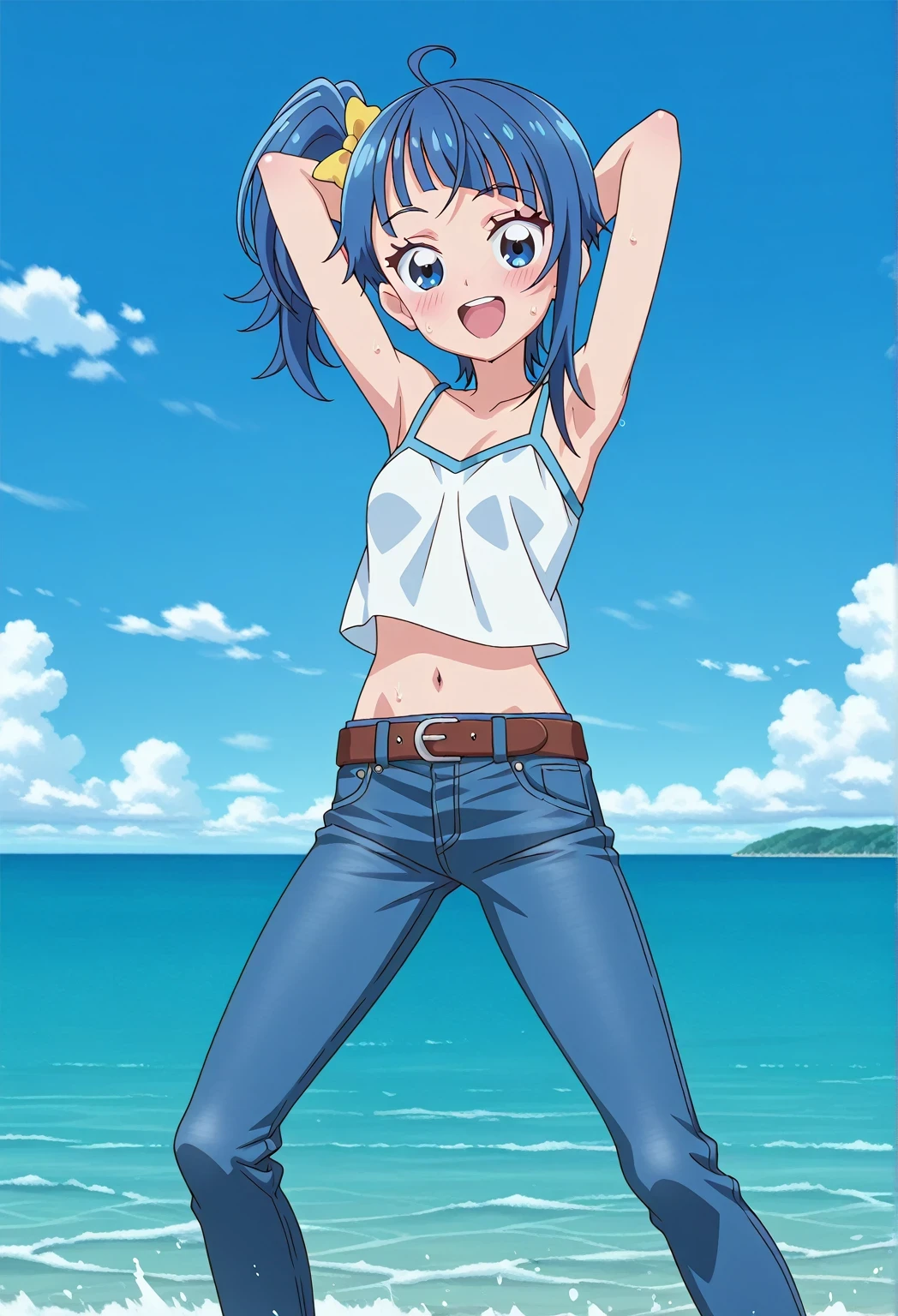 score_9, score_8_up, score_7_up, source_anime, highres, hi res, ((best quality, top quality, perfect quality, Highest Quality, amazing quality)), {{masterpiece}}, {{an extremely delicate and beautiful}}, 2d, intricate details, official style, anime, 8k, anime style, official_anime, official art, digital painting, cell shading, soft shading, high resolution, soothing tones, Subdued Color, Soft cinematic light, adobe lightroom, photolab, HDR, intricately and hyper-detailed, ((high quality animation)), 1 girl, Alone, solo, ((ocean)), tsunami, on the water, day, sunny, outdoors, sky, windy, sora harewataru, Hirogaru Sky! Precure, blue eyes, blue hair, side ponytail, ahoge, yellow bow, single sidelock, diagonal bangs, bow, hair bow, anime screencap, small breasts, white camisole top, crop top, white crop top, best quality, hyper-detailed jeans, belt, brown belt, ((blue jeans:1.9)), (dark blue jeans:0.6), full medium body, medium shot, Open mouth, smiling, happy face, blush, sweat, standing, ((arms behind head:6.0)), ((hair separate from arms:3.5)), bowlegged, jumping pose, action, looking at viewer, spread legs, Bend knees slightly, straight-on front view