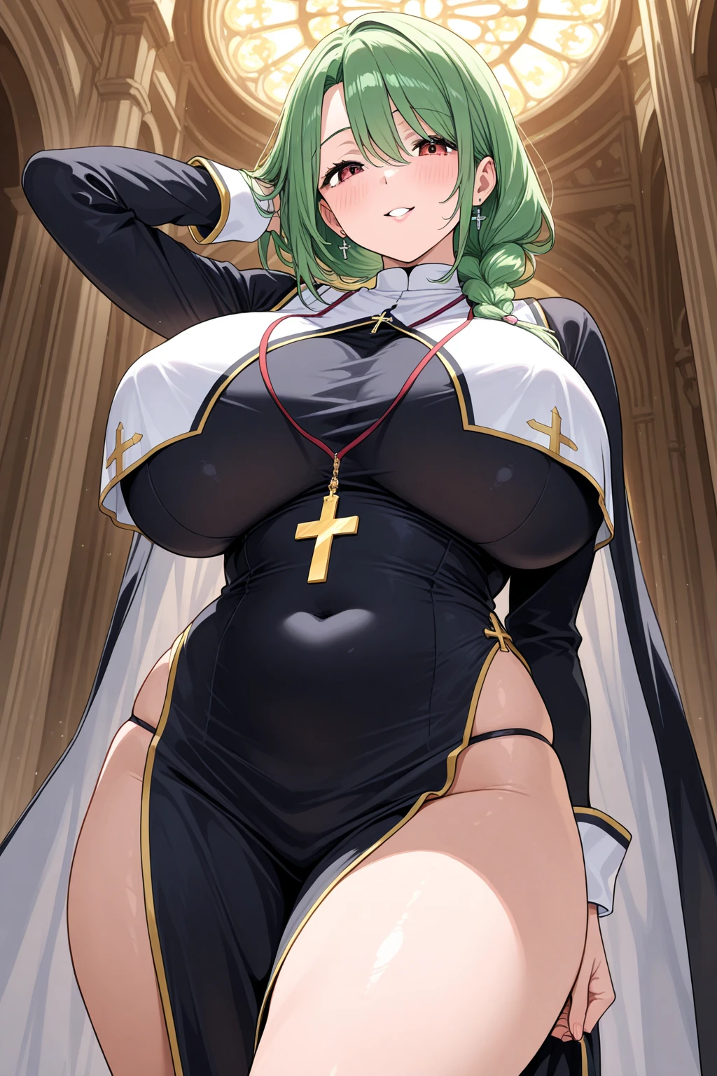 8k raw photo ???? green haired nun looking towards me with her tongue out whit massive ???? with a golden cross in between her cleavage with fishnet stockings thicc thighs shot from the top with a seethrough nun dress showing her wet nippels ???? ultra slutty