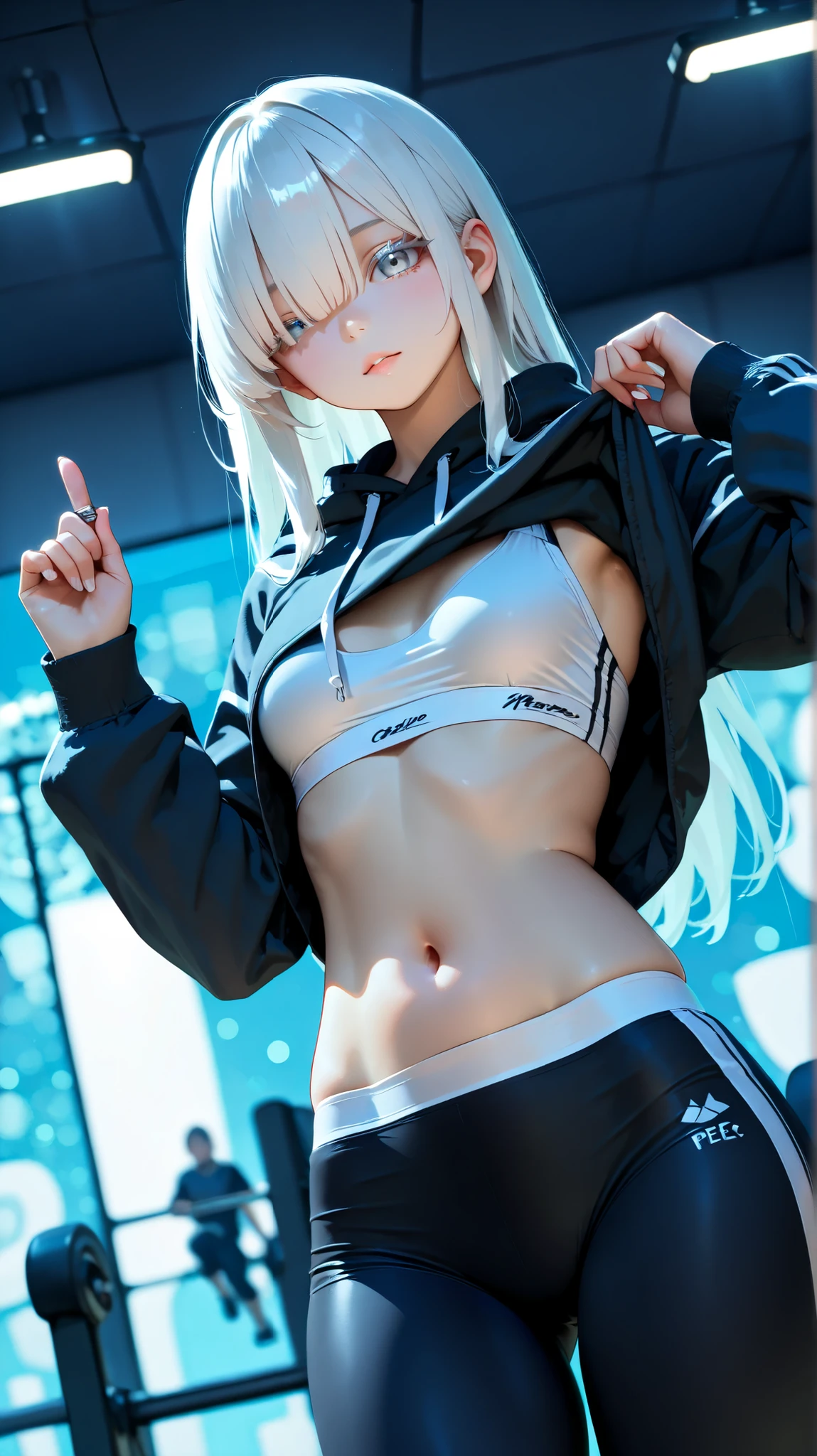 ((masterpiecce, best quality, cinematic lighting、2.5D、1girl, only girl)) ((white hair、White eyelashes、one eye hidden by long bangs、small breasts)) (Parker、leggings、sportswear、Monochrome Outfit) (sports gym、with a faint、blurry、focus on people、portrait、close-up、Dramatic pictures、Dutch angle, abstract background) ((a young woman casually tugging on the hem of her hoodie with her thumb, slightly lifting it, revealing a hint of her midriff, herselfs))
