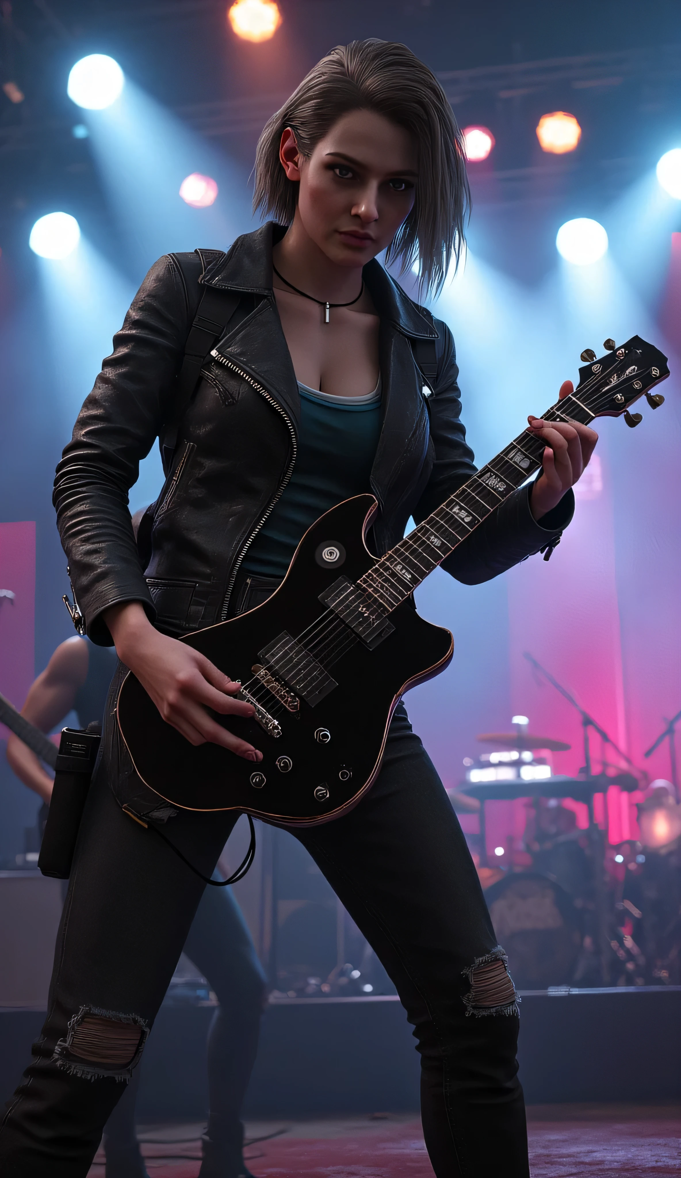 Jill Valentine rocker, biker leather jacket, black jeans, fabric tennis, playing guitar at a rock concert