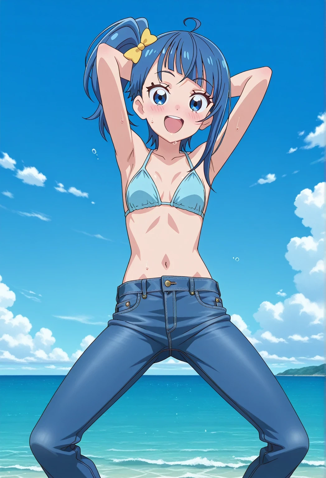 score_9, score_8_up, score_7_up, source_anime, highres, hi res, ((best quality, top quality, perfect quality, Highest Quality, amazing quality)), {{masterpiece}}, {{an extremely delicate and beautiful}}, 2d, intricate details, official style, anime, 8k, anime style, official_anime, official art, digital painting, cell shading, soft shading, high resolution, soothing tones, Subdued Color, Soft cinematic light, adobe lightroom, photolab, HDR, intricately and hyper-detailed, ((high quality animation)), 1 girl, Alone, solo, ((ocean)), tsunami, on the water, day, sunny, outdoors, sky, windy, sora harewataru, Hirogaru Sky! Precure, blue eyes, blue hair, side ponytail, ahoge, yellow bow, single sidelock, diagonal bangs, bow, hair bow, anime screencap, small breasts, light blue bikini top, best quality, hyper-detailed jeans, ((blue jeans:1.9)), (dark blue jeans:0.6), full medium body, medium shot, Open mouth, smiling, happy face, blush, sweat, standing, ((arms behind head:6.0)), ((hair separate from arms:3.5)), bowlegged, jumping pose, action, looking at viewer, spread legs, Bend knees slightly, straight-on front view