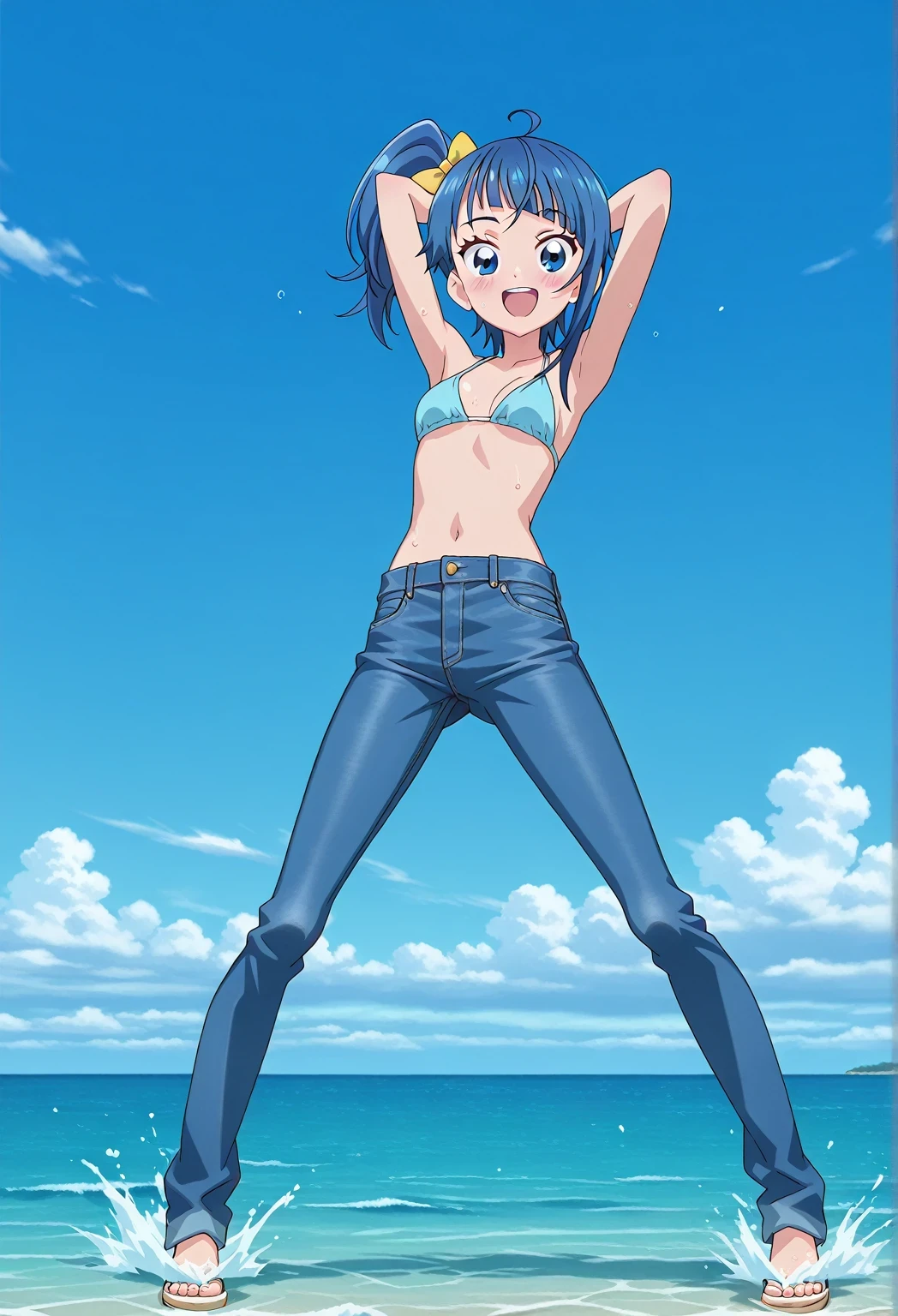 score_9, score_8_up, score_7_up, source_anime, highres, hi res, ((best quality, top quality, perfect quality, Highest Quality, amazing quality)), {{masterpiece}}, {{an extremely delicate and beautiful}}, 2d, intricate details, official style, anime, 8k, anime style, official_anime, official art, digital painting, cell shading, soft shading, high resolution, soothing tones, Subdued Color, Soft cinematic light, adobe lightroom, photolab, HDR, intricately and hyper-detailed, ((high quality animation)), 1 girl, Alone, solo, ((ocean)), tsunami, on the water, day, sunny, outdoors, sky, windy, sora harewataru, Hirogaru Sky! Precure, blue eyes, blue hair, side ponytail, ahoge, yellow bow, single sidelock, diagonal bangs, bow, hair bow, anime screencap, small breasts, light blue bikini top, best quality, hyper-detailed jeans, ((blue jeans:1.9)), (dark blue jeans:0.6), full medium body, medium shot, Open mouth, smiling, happy face, blush, sweat, standing, ((arms behind head:6.0)), ((hair separate from arms:3.5)), bowlegged, jumping pose, action, looking at viewer, spread legs, Bend knees slightly, straight-on front view