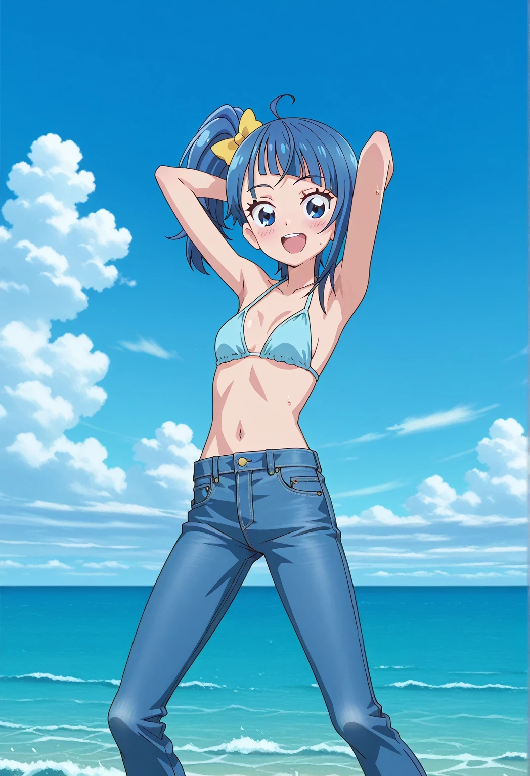 score_9, score_8_up, score_7_up, source_anime, highres, hi res, ((best quality, top quality, perfect quality, Highest Quality, amazing quality)), {{masterpiece}}, {{an extremely delicate and beautiful}}, 2d, intricate details, official style, anime, 8k, anime style, official_anime, official art, digital painting, cell shading, soft shading, high resolution, soothing tones, Subdued Color, Soft cinematic light, adobe lightroom, photolab, HDR, intricately and hyper-detailed, ((high quality animation)), 1 girl, Alone, solo, ((ocean)), tsunami, on the water, day, sunny, outdoors, sky, windy, sora harewataru, Hirogaru Sky! Precure, blue eyes, blue hair, side ponytail, ahoge, yellow bow, single sidelock, diagonal bangs, bow, hair bow, anime screencap, small breasts, light blue bikini top, best quality, hyper-detailed jeans, ((blue jeans:1.9)), (dark blue jeans:0.6), full medium body, medium shot, Open mouth, smiling, happy face, blush, sweat, standing, ((arms behind head:6.0)), ((hair separate from arms:3.5)), bowlegged, jumping pose, action, looking at viewer, spread legs, Bend knees slightly, straight-on front view
