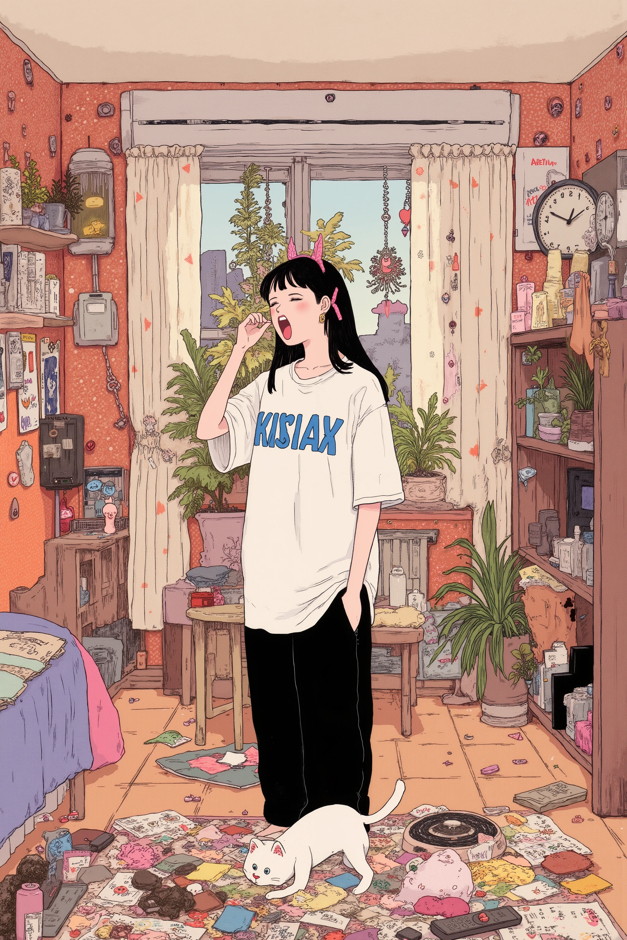 teenager's room,活気に満ちたさまざまなpostersやアート作品が壁を飾っている,young woman with white cat,cat with a playful expression on the woman's feet,yawns with her mouth wide open,combines modernity and whimsical touch,creative space,and playful polka dot patterns Geometric Patterned Curtains,warm sunlight shining in,Wall clock,pink hairpins on her long black hair,On the air conditioner,Manga Shelf,Houseplants,short round table,Star-shaped Ornaments and Dream Catchers Hanging on the Table,electric guitar,posters,bed,plush,remote control,An open magazine,Junk food,Organized Chaos, Toy ,Star-shaped Ornaments and Dream Catchers,alluding to her interest in music,the atmosphere is cozy and artistic,She has a loose white t-shirt with bold blue lettering and baggy black pants, Eclectic room,full of colorful ornaments and personal items,Animated Illustrations of Women Standing in a Room with Lots of Stuff, lo-fi illustration style,lo-fi hip-hop, illustration style,