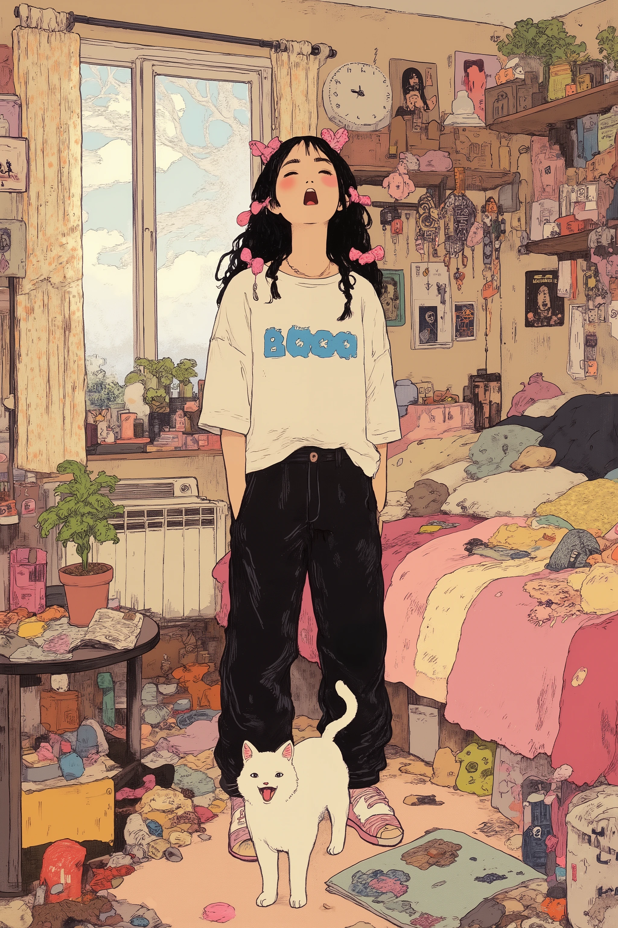 teenager's room,活気に満ちたさまざまなpostersやアート作品が壁を飾っている,young woman with white cat,cat with a playful expression on the woman's feet,yawns with her mouth wide open,combines modernity and whimsical touch,creative space,and playful polka dot patterns Geometric Patterned Curtains,warm sunlight shining in,Wall clock,pink hairpins on her long black hair,On the air conditioner,Manga Shelf,Houseplants,short round table,Star-shaped Ornaments and Dream Catchers Hanging on the Table,electric guitar,posters,bed,plush,remote control,An open magazine,Junk food,Organized Chaos, Toy ,Star-shaped Ornaments and Dream Catchers,alluding to her interest in music,the atmosphere is cozy and artistic,She has a loose white t-shirt with bold blue lettering and baggy black pants, Eclectic room,full of colorful ornaments and personal items,Animated Illustrations of Women Standing in a Room with Lots of Stuff, lo-fi illustration style,lo-fi hip-hop, illustration style,
