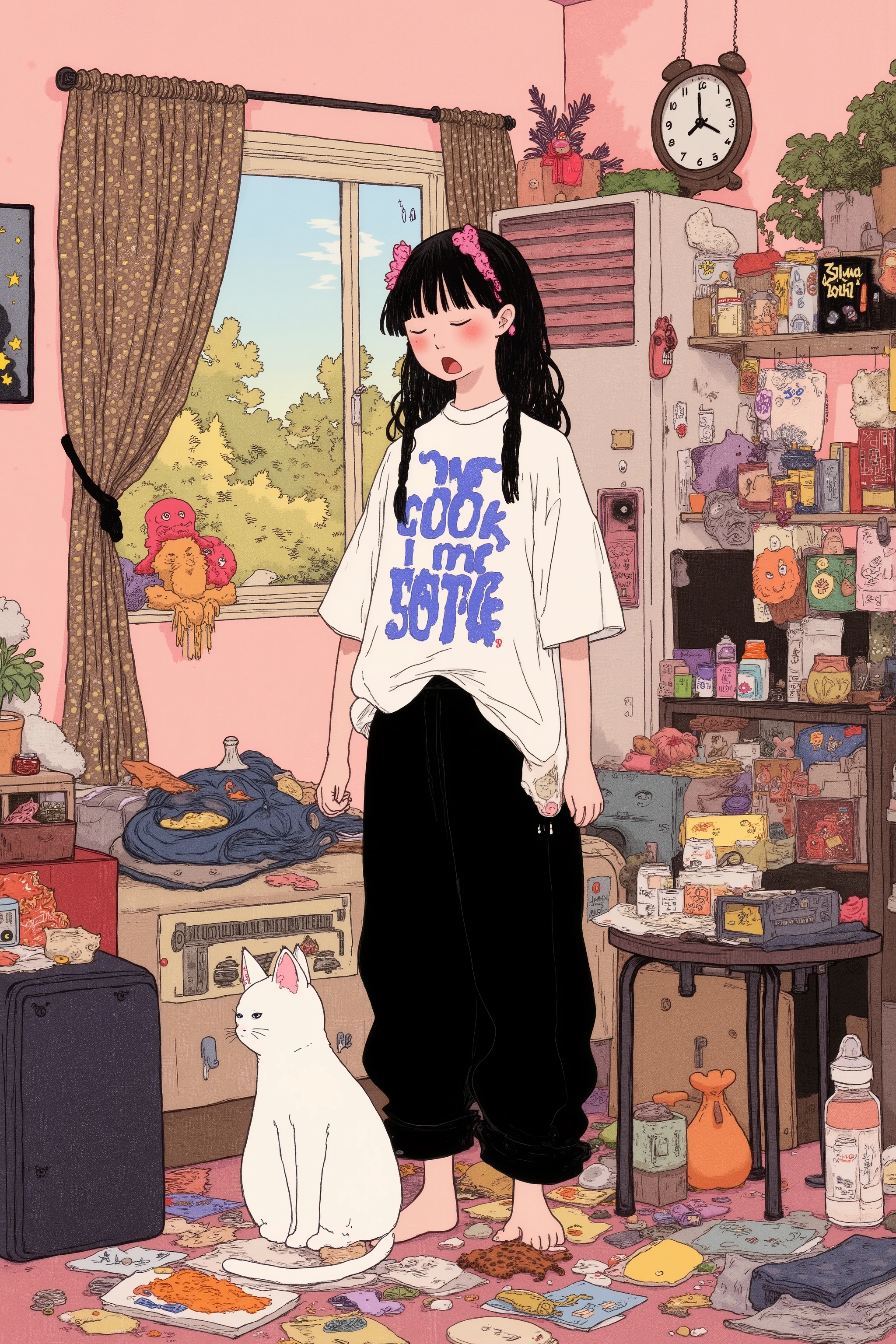 teenager's room,活気に満ちたさまざまなpostersやアート作品が壁を飾っている,young woman with white cat,A fat white cat with a stunned expression at the woman's feet,The woman is yawning with her mouth wide open,combines modernity and whimsical touch,creative space,and playful polka dot patterns Geometric Patterned Curtains,warm sunlight shining in,Wall clock,pink hairpins on her long black hair,On the air conditioner,Manga Shelf,Houseplants,short round table,Star-shaped Ornaments and Dream Catchers Hanging on the Table,electric guitar,posters,bed,plush,remote control,An open magazine,Junk food,Organized Chaos, Toy ,Star-shaped Ornaments and Dream Catchers,alluding to her interest in music,the atmosphere is cozy and artistic,She has a loose white t-shirt with bold blue lettering and baggy black pants, Eclectic room,full of colorful ornaments and personal items,Animated Illustrations of Women Standing in a Room with Lots of Stuff, lo-fi illustration style,lo-fi hip-hop, illustration style,