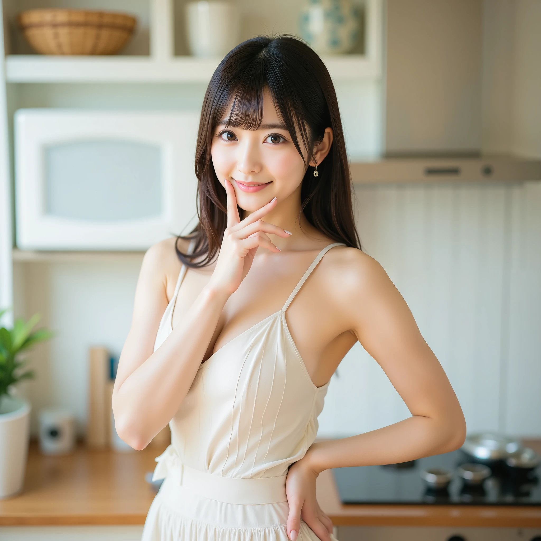 Highest Quality, greatest masterpiece, PHOTOREALISTIC, ultra high resolution, 1 top Japanese idol female, thinking about today's catechism in the kitchen, depicting human anatomically accurate limbs and fingers, thinking pose with her hands on her , detailed hands, Concentrated Expression, Looking at the viewer with a smile, wooden counter, Clean Kitchen, natural light, Morning Light, Water Drop, Detailed, Realistic Textures, for a professional look, in her room's kitchen,