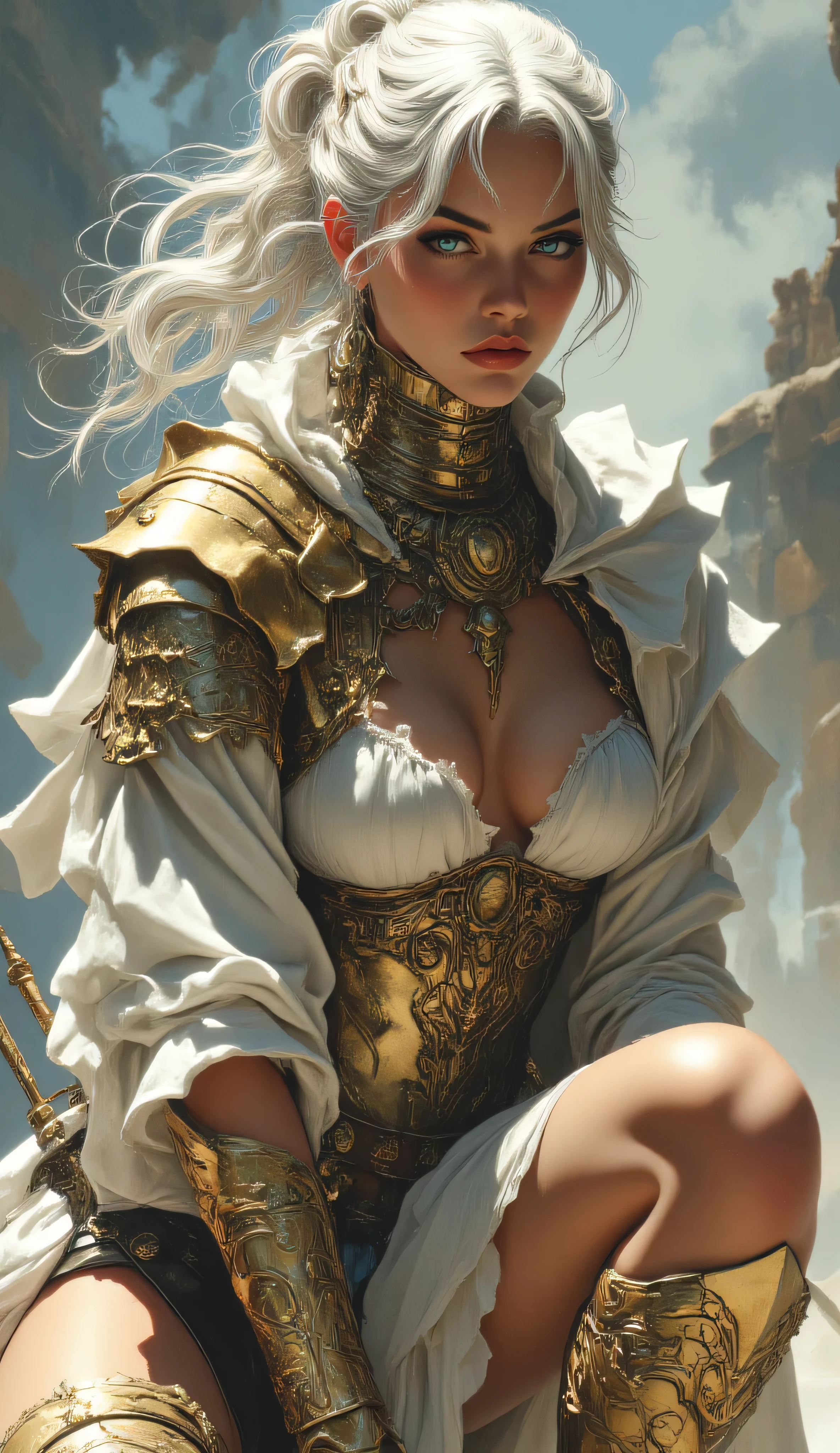 A stunning fantasy warrior woman, long platinum white hair flowing, partially gathered in a messy bun. She wears an ancient and divine-inspired white and gold armor set and dress. The outfit features a minimal white top, a short ruffled white skirt, and a white cloak draped over her shoulders. Intricate golden breastplate and waist armor with hanging ornaments and jewelry. Knee-high gold boots with elaborate patterns. Intense and seductive expression. She is crouching in a dynamic pose. A long sword rests by her right side and another is visible on her back.
Stile
• (extremely detailed CG unity 8k wallpaper)
• (photorealistic, finely detailed skin, perfect eyes, perfect anatomy)
• (RAW photo, highest resolution, unreal engine 5, octane render)
• (rule of thirds composition)
Luci
• (cinematic lighting, dramatic shadows, volumetric fog in background)
• (subtle reflections)
• (atmospheric perspective)
• (sharp focus on face and gun)
• (soft bokeh background)
Qualità
• (best quality, masterpiece)
• (intricate details: wet skin, glistening water droplets, subtle reflections)
• (realistic shading, subsurface scattering on skin)
• (finely detailed skin, perfect eyes, perfect anatomy)