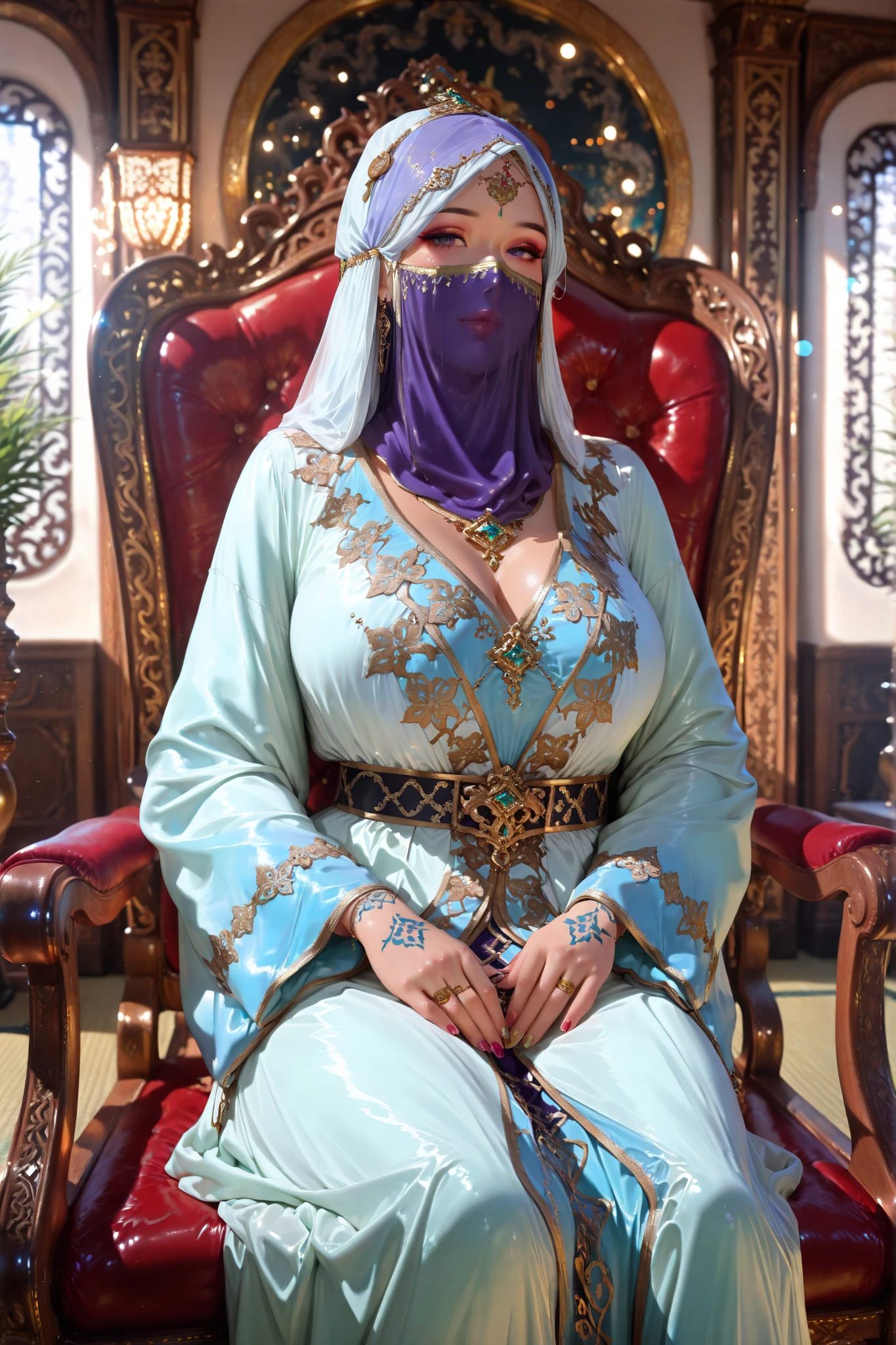 1girl, teenager, silk hijab, face veil, wearing ornate gold-embroidered Moroccan caftan with intricate zari threadwork and pearl accents, Meiji restoration era influence blended with Moroccan elegance, polished nails, vibrant juicy lips, subtle makeup, intricate tattoos on arms and neck, sitting on a grand throne, inside a majestic Japanese castle hall with tatami mats and shoji screens, (best quality,4k,8k,highres,masterpiece:1.2), ultra-detailed, (realistic,photorealistic,photo-realistic:1.37), HDR, UHD, studio lighting, ultra-fine painting, sharp focus, physically-based rendering, extreme detail description, professional, vivid colors, bokeh, portraits, fantasy, cinematic lighting