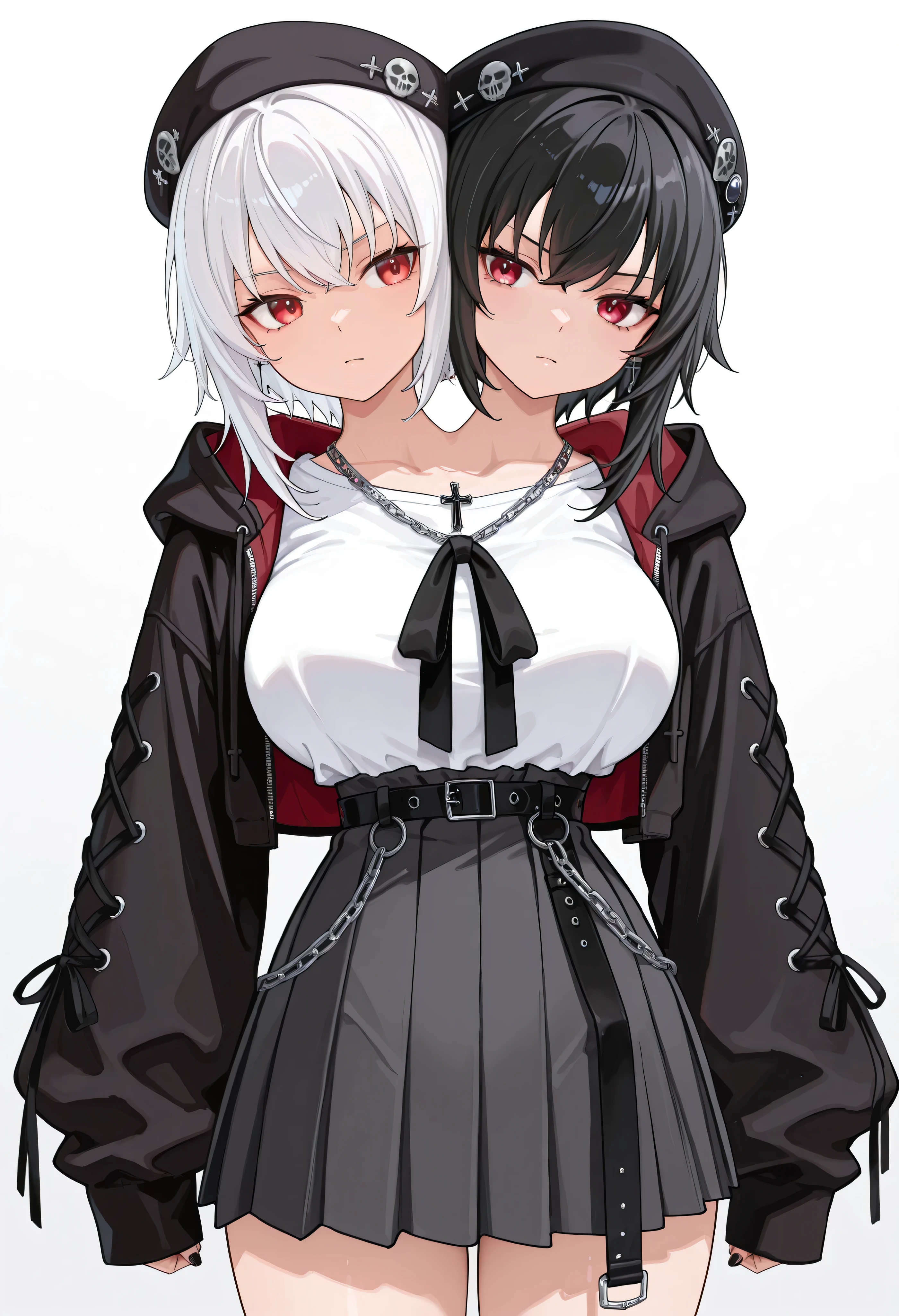 conjoined, 2girls, 2heads, two heads, a tall thin girls with 2 heads, white hair, black hair, red eyes, White shirt, Black slim tie with chain and cross pendant, Oversized black zip-up hoodie, Gray pleated high-waist skirt with belt strap details, Black beret with chain decoration, Silver chain necklace with cross pendant, large breasts, front shots, thighs, Street Gothic,