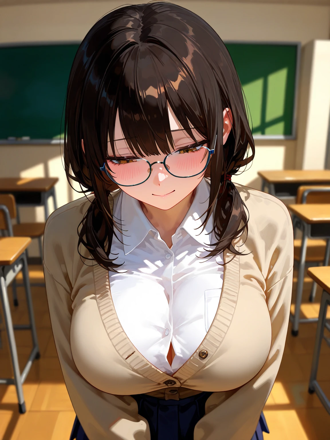high resolution, high quality of wavy lines, 1 girl, anime girl, Long brown hair , brown eyes, Green glasses, sunburned skin, , (big butt),pink cardigan,White Dirndl Skirt,white high socks,upper body,close-up,chair hugging me,