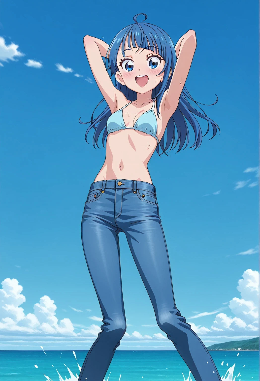 score_9, score_8_up, score_7_up, source_anime, highres, hi res, ((best quality, top quality, perfect quality, Highest Quality, amazing quality)), {{masterpiece}}, {{an extremely delicate and beautiful}}, 2d, intricate details, official style, anime, 8k, anime style, official_anime, official art, digital painting, cell shading, soft shading, high resolution, soothing tones, Subdued Color, Soft cinematic light, adobe lightroom, photolab, HDR, intricately and hyper-detailed, ((high quality animation)), 1 girl, Alone, solo, ((ocean)), tsunami, on the water, day, sunny, outdoors, sky, windy, sora harewataru, Hirogaru Sky! Precure, blue eyes, blue hair, ((long hair:1.4)), ahoge, anime screencap, small breasts, light blue bikini top, best quality, hyper-detailed jeans, ((blue jeans:1.9)), (dark blue jeans:0.6), full medium body, medium shot, Open mouth, smiling, happy face, blush, sweat, standing, ((arms behind head:6.0)), ((hair separate from arms:3.5)), bowlegged, jumping pose, action, looking at viewer, spread legs, Bend knees slightly, straight-on front view