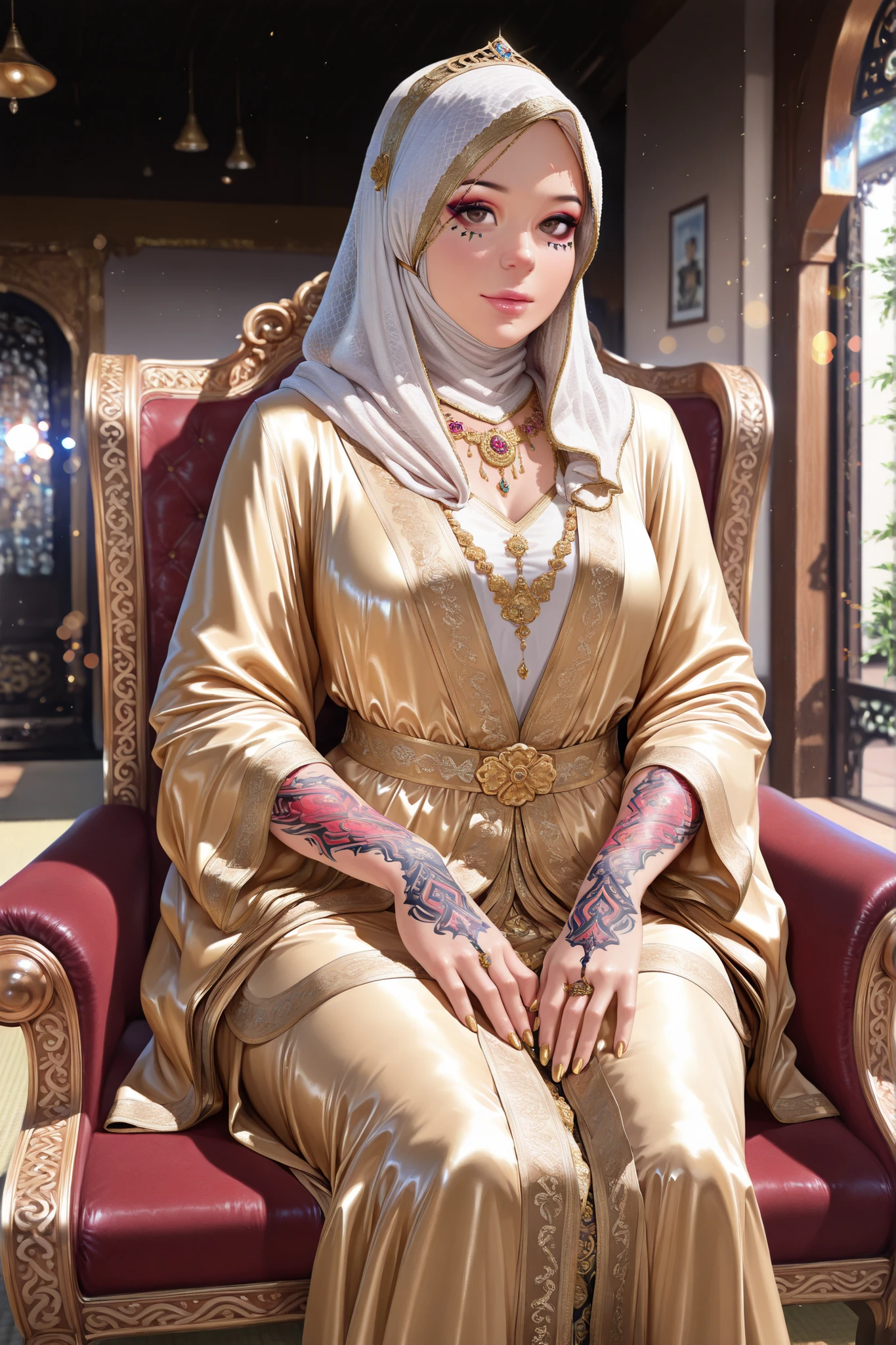 1girl, teenager, silk hijab, wearing ornate gold-embroidered Moroccan caftan with intricate zari threadwork and pearl accents, Meiji restoration era influence blended with Moroccan elegance, polished nails, vibrant juicy lips, subtle makeup, intricate tattoos on arms and neck, sitting on a grand throne, inside a majestic Japanese castle hall with tatami mats and shoji screens, (best quality,4k,8k,highres,masterpiece:1.2), ultra-detailed, (realistic,photorealistic,photo-realistic:1.37), HDR, UHD, studio lighting, ultra-fine painting, sharp focus, physically-based rendering, extreme detail description, professional, vivid colors, bokeh, portraits, fantasy, cinematic lighting
