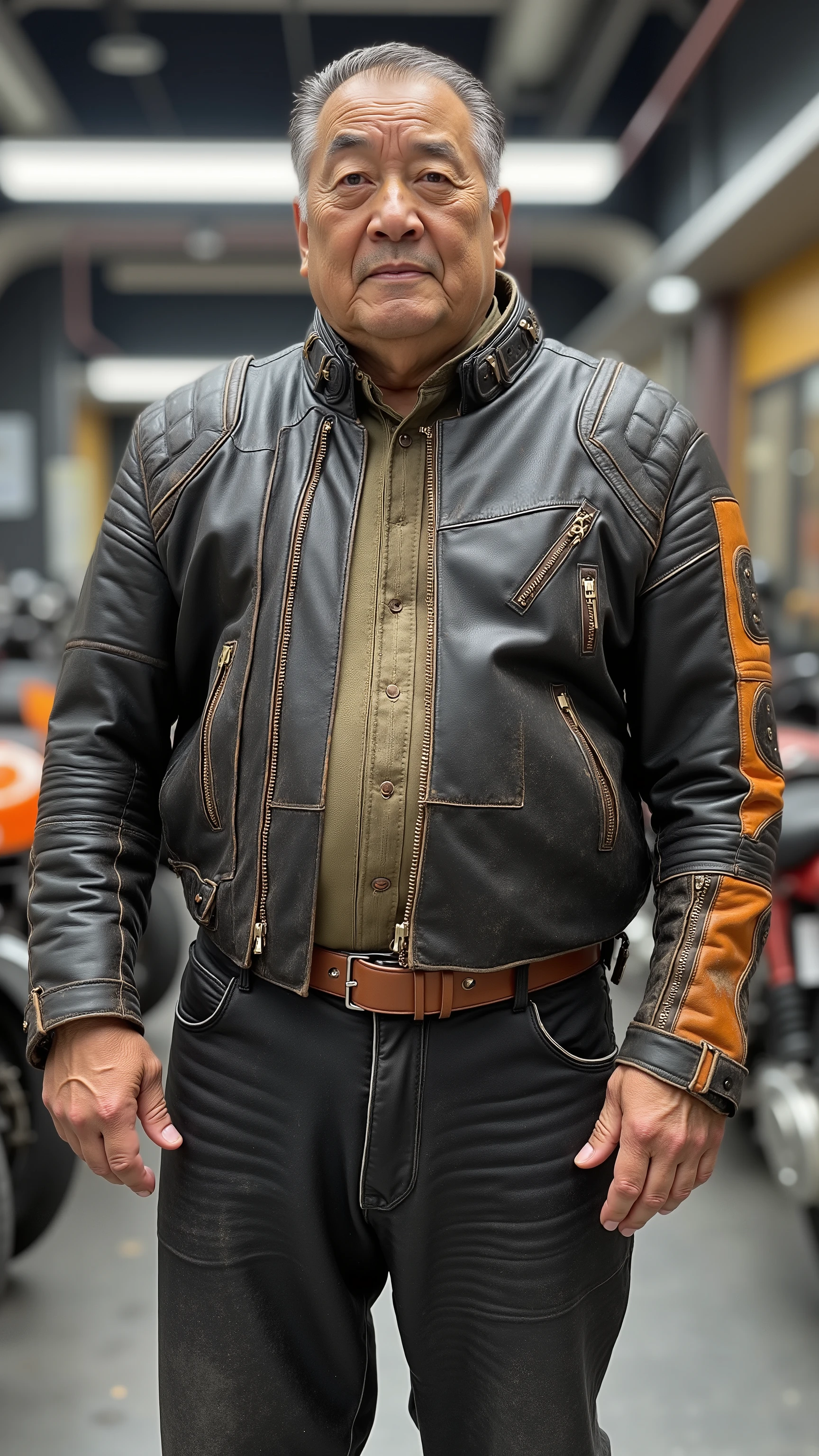 a grotesquely obese ugly Asian man that is 80 years old wearing a cafe racer jkt that is from the 1970s in black and orange leather, the jacket is worn and has dirt marks, the man stands in a futuristic Tokyo motorcycle showroom wearing shiny polished black leather pants and a dirty brown leather belt