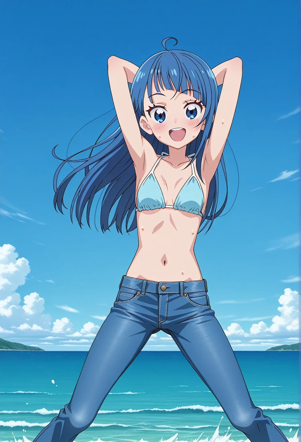 score_9, score_8_up, score_7_up, source_anime, highres, hi res, ((best quality, top quality, perfect quality, Highest Quality, amazing quality)), {{masterpiece}}, {{an extremely delicate and beautiful}}, 2d, intricate details, official style, anime, 8k, anime style, official_anime, official art, digital painting, cell shading, soft shading, high resolution, soothing tones, Subdued Color, Soft cinematic light, adobe lightroom, photolab, HDR, intricately and hyper-detailed, ((high quality animation)), 1 girl, Alone, solo, ((ocean)), tsunami, on the water, day, sunny, outdoors, sky, windy, sora harewataru, Hirogaru Sky! Precure, blue eyes, blue hair, ((long hair:1.4)), ahoge, anime screencap, small breasts, light blue bikini top, best quality, hyper-detailed jeans, ((blue jeans:1.9)), (dark blue jeans:0.6), full medium body, medium shot, Open mouth, smiling, happy face, blush, sweat, standing, ((arms behind head:6.0)), ((hair separate from arms:3.5)), bowlegged, jumping pose, action, looking at viewer, spread legs, Bend knees slightly, straight-on front view