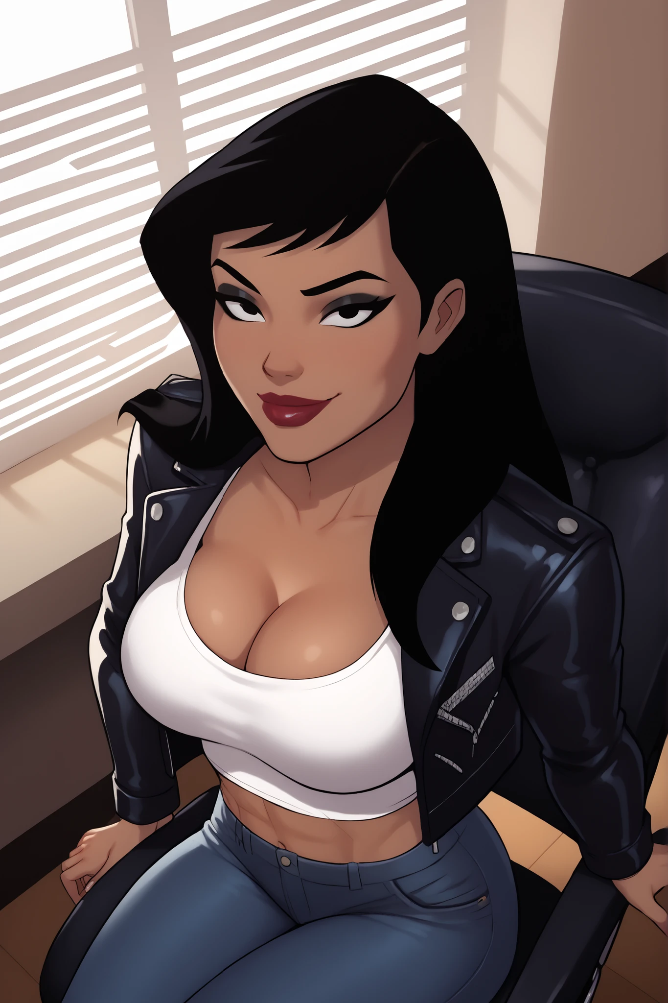 BREAK, score_6_up, score_7_up, score_8_up, score_9, 1girl, solo, Drlight, long hair, black hair, black eyes, lipstick, makeup, dark-skinned female, , busty, cleavage, curvy, athletic, midriff, looking at viewer, seducing viewer, teasing viewer, expression, smiling, closed mouth, bedroom eyes, long sleeves, navy leather jacket, white crop top, navy jeans, indoors, bedroom, sitting in chair, closeup, portrait, upper body, high-angle view, black eyeshadow