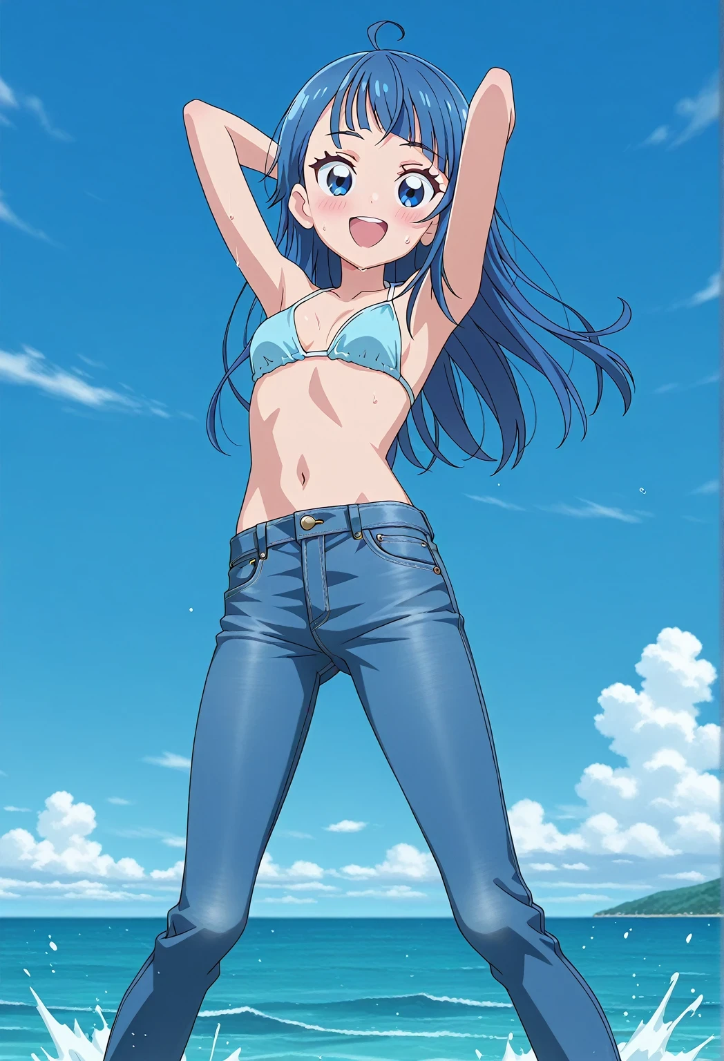 score_9, score_8_up, score_7_up, source_anime, highres, hi res, ((best quality, top quality, perfect quality, Highest Quality, amazing quality)), {{masterpiece}}, {{an extremely delicate and beautiful}}, 2d, intricate details, official style, anime, 8k, anime style, official_anime, official art, digital painting, cell shading, soft shading, high resolution, soothing tones, Subdued Color, Soft cinematic light, adobe lightroom, photolab, HDR, intricately and hyper-detailed, ((high quality animation)), 1 girl, Alone, solo, ((ocean)), tsunami, on the water, day, sunny, outdoors, sky, windy, sora harewataru, Hirogaru Sky! Precure, blue eyes, blue hair, ((long hair:1.4)), ahoge, anime screencap, small breasts, light blue bikini top, best quality, hyper-detailed jeans, ((blue jeans:1.9)), (dark blue jeans:0.6), full medium body, medium shot, Open mouth, smiling, happy face, blush, sweat, standing, ((arms behind head:6.0)), ((hair separate from arms:3.5)), bowlegged, jumping pose, action, looking at viewer, spread legs, Bend knees slightly, straight-on front view