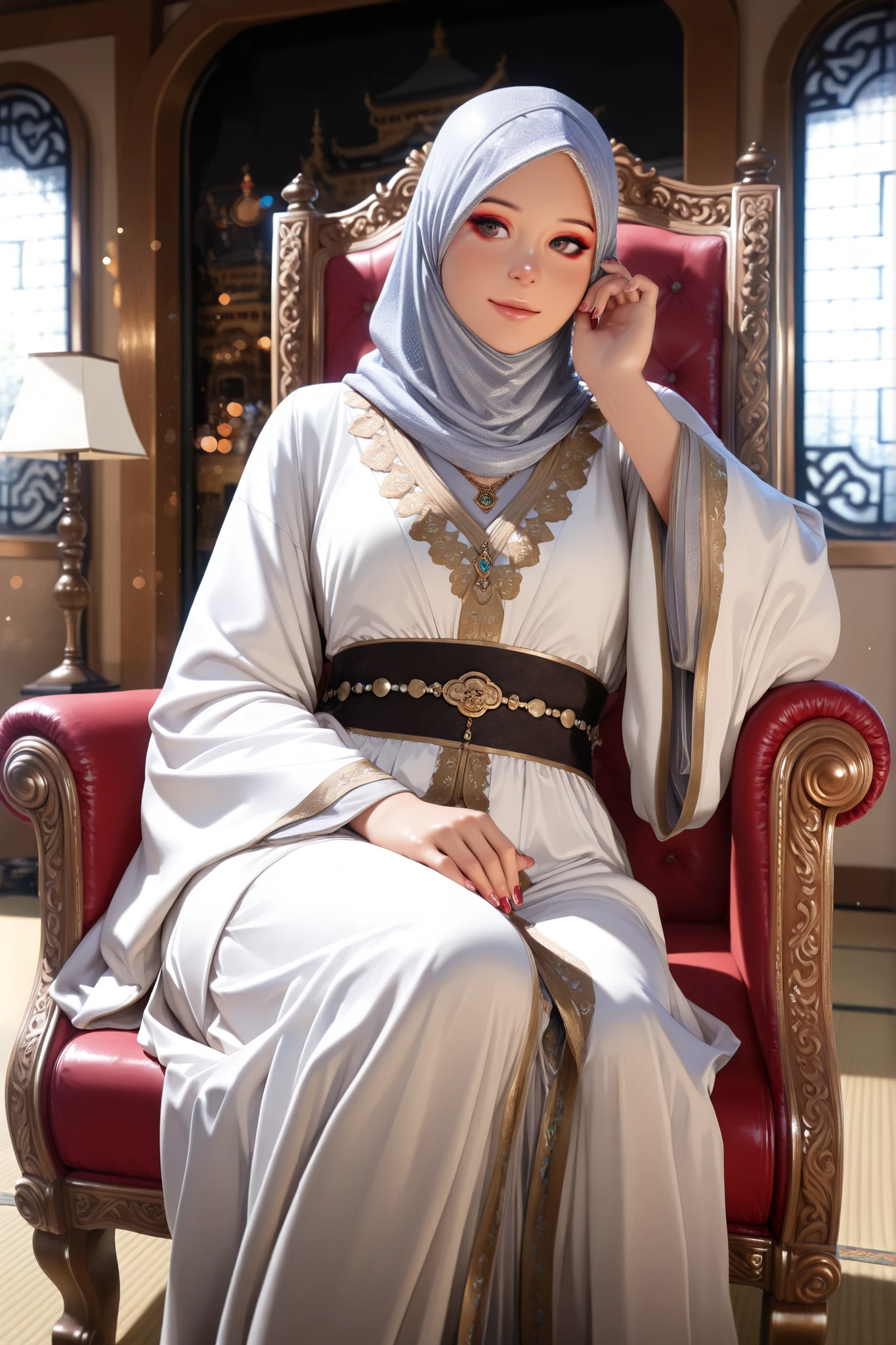 1girl, teenager, silk hijab, wearing Moroccan caftan with intricate zari threadwork and pearl accents, Meiji restoration era influence blended with Moroccan elegance, polished nails, vibrant juicy lips, subtle makeup, sitting on a grand throne, inside a majestic Japanese castle hall with tatami mats and shoji screens, (best quality,4k,8k,highres,masterpiece:1.2), ultra-detailed, (realistic,photorealistic,photo-realistic:1.37), HDR, UHD, studio lighting, ultra-fine painting, sharp focus, physically-based rendering, extreme detail description, professional, vivid colors, bokeh, portraits, fantasy, cinematic lighting